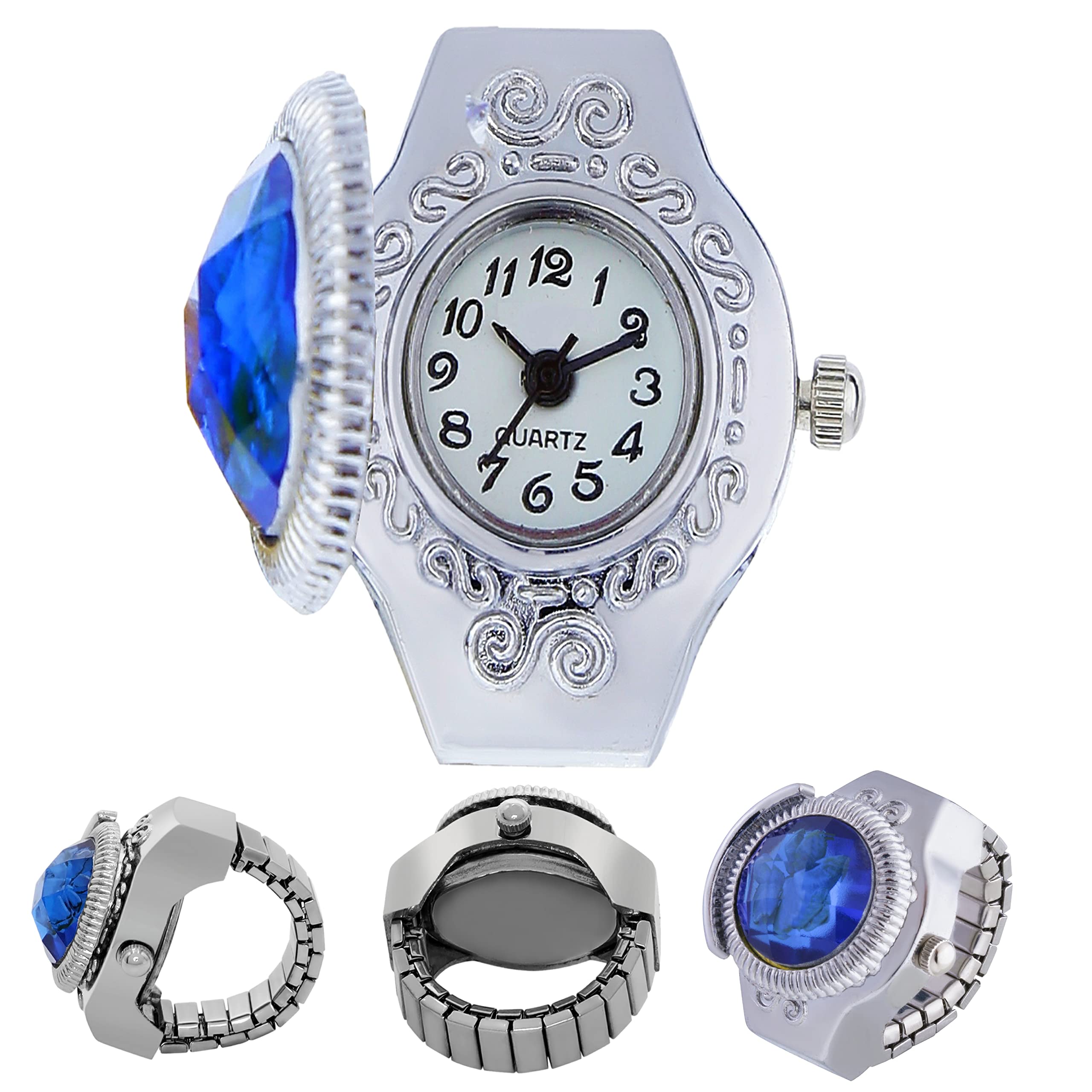 Round Shape Blue Color Stone Studded Stainless Steel Stretchable Strap Unique Design with White Dial Analog Finger Ring Watch for Women & Girls…