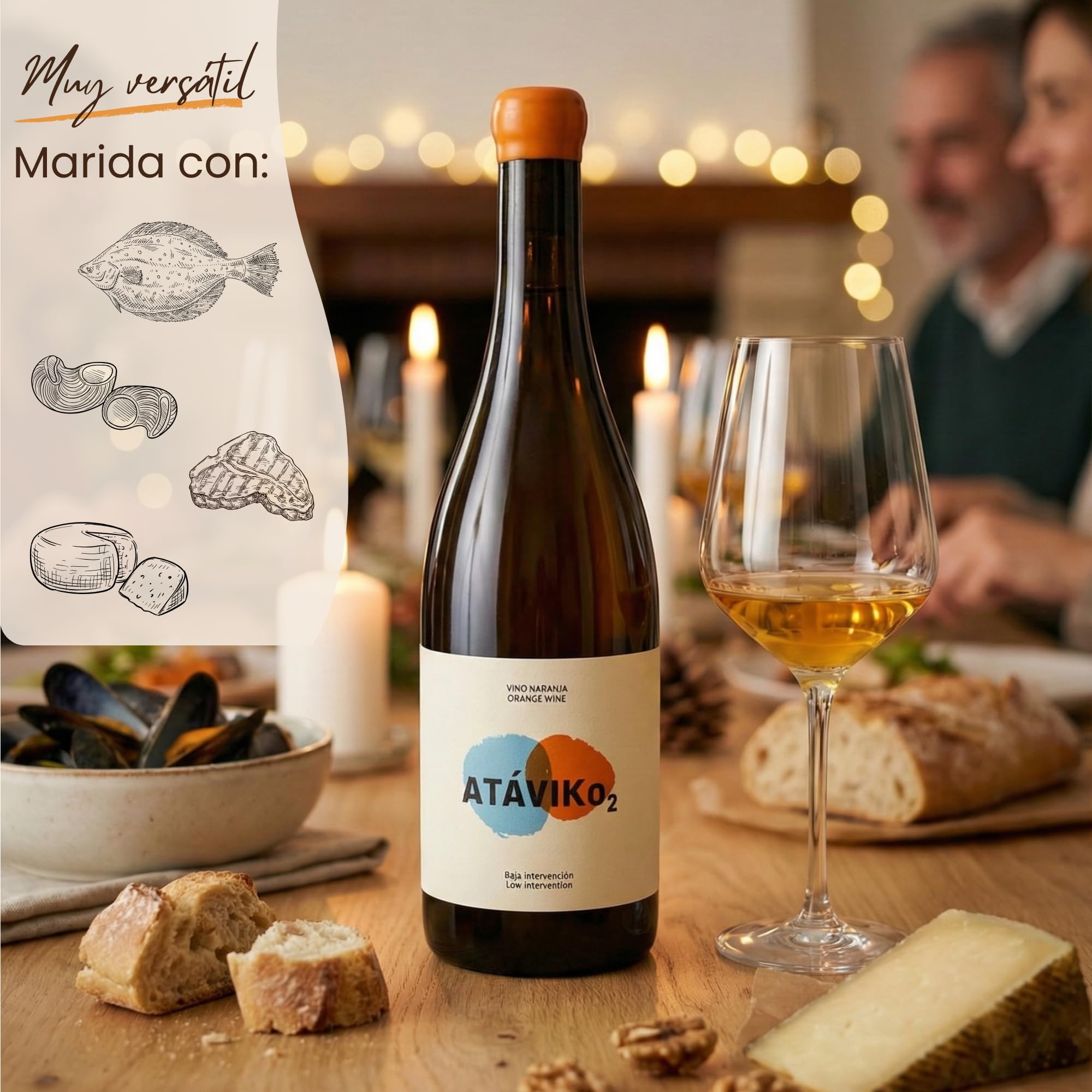 Vino Naranja, Uva Blanca Garnacha, Macabeo (Viura), Sumoll, Merseguera, Vino Seco, Aroma Afrutado [PACK 2] Pescado Carne Marisco Queso, Crianza Ánfora Damajuana, Eco, ATÁVIKO2 2023 + HOLÍSTIKO2 2024