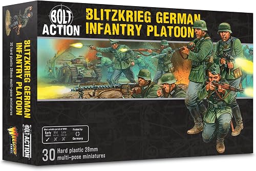 Warlord Bolt Action German Infantry Figures 1:56 Tabletop Miniatures - Plastic Paintable Miniature WWII Soldiers Set, Unpainted Table Top 28mm Military Minifigures for Adults - Gaming Figurines Pack