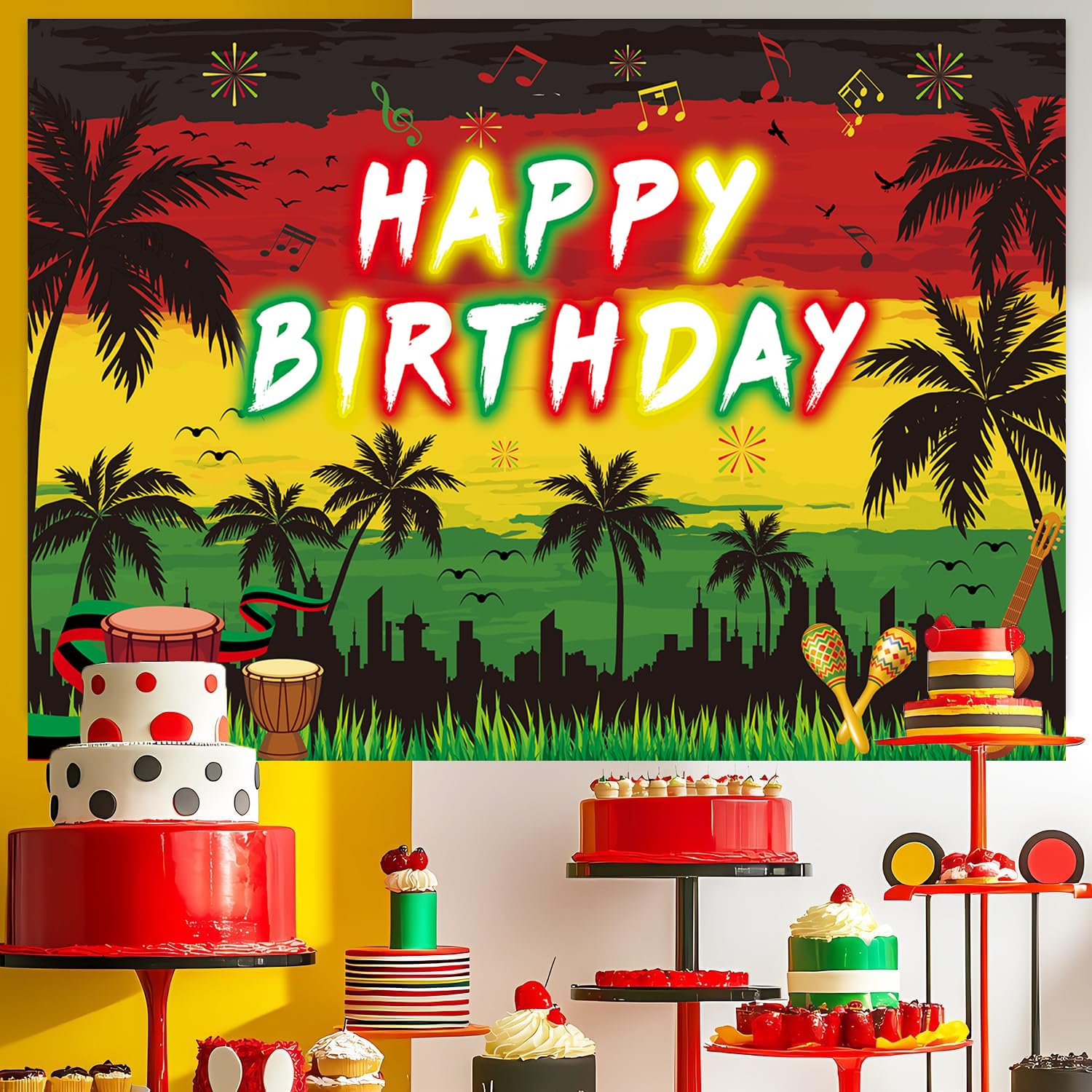 Reggae Happy Birthday Sfondo 3,5 x 2,4 m rastafari giamaicano palma reggae decorazioni per feste di sfondo musica estiva a tema decorazioni per feste di compleanno forniture puntelli fotografici