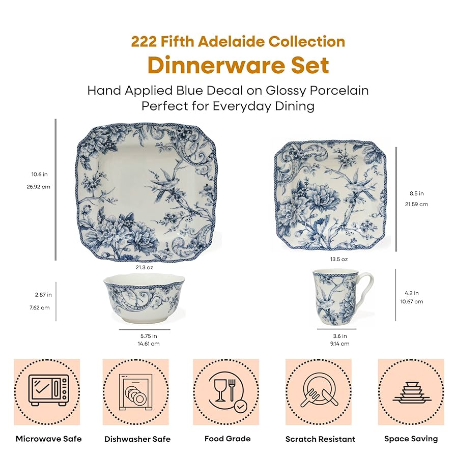 Amazon.com | 222 Fifth Adelaide 16-Piece Square Floral