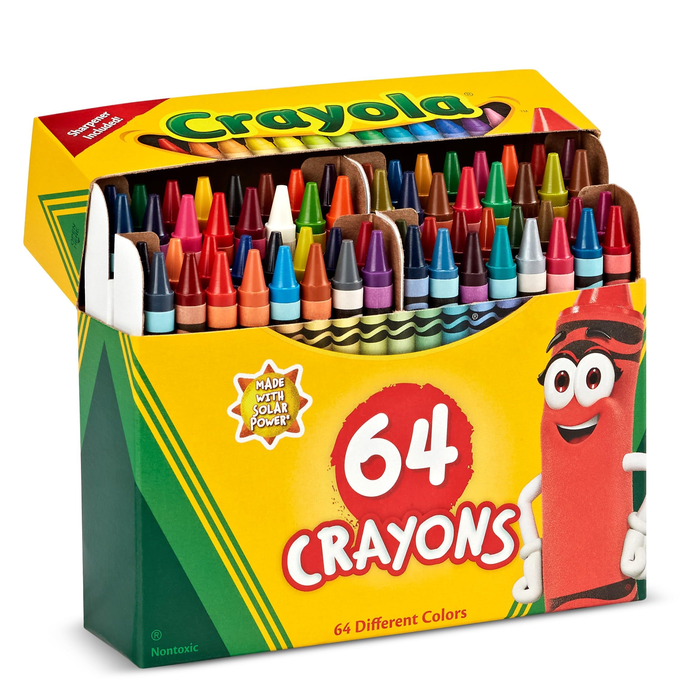 CRAYOLA Wax Colouring Crayons - Assorted Colours (Pack of 64), in Handy Flip Top Box with Sharpener Included, Ideal for Kids Aged 3+