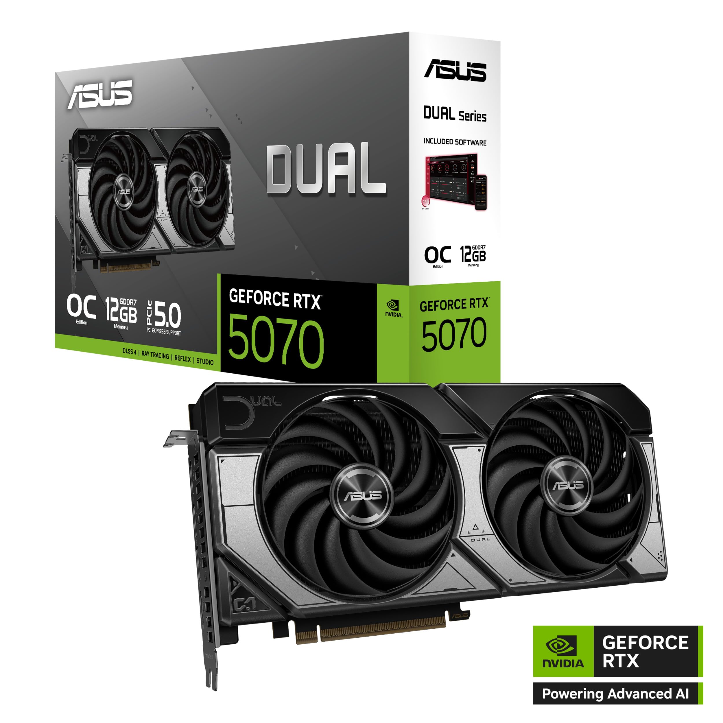 ASUS Dual GeForce RTX 5070 12 GB GDDR7 OC Edition - Tarjeta gráfica (PCIe 5.0, DLSS 4, HDMI 2.1b, DisplayPort 2.1b, diseño Compacto con Doble Ventilador, Ventilador Axial-Tech, tecnología 0dB)