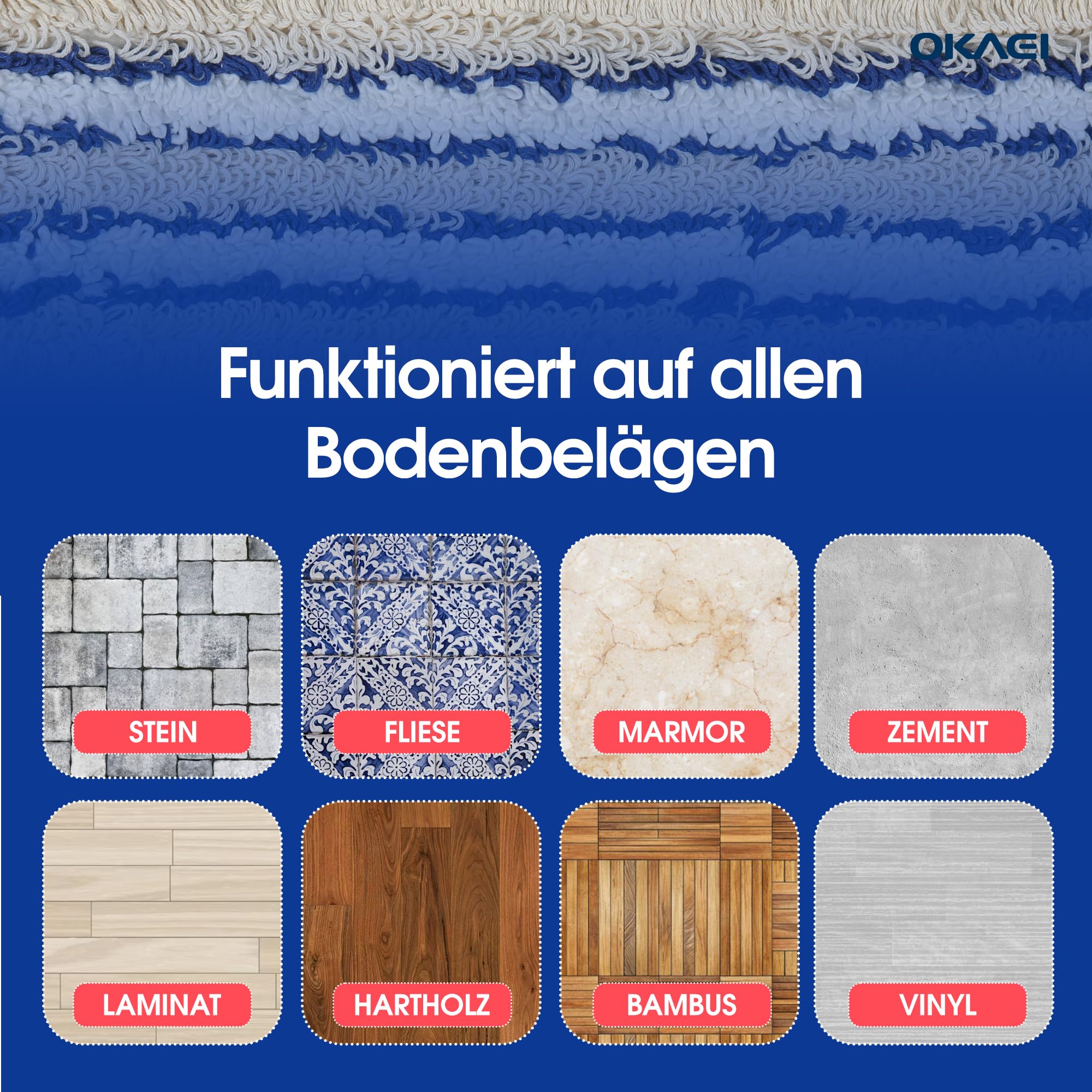 OKAEI Wischmopp Bezüge 50 cm Beige/Weiß/Blau, 10er Set – Mikrofaser-Baumwoll Wischbezug für Bodenwischer – Ersatzbezüge für Klapphalter – Profi-Vorrat mit hoher Schmutzaufnahme