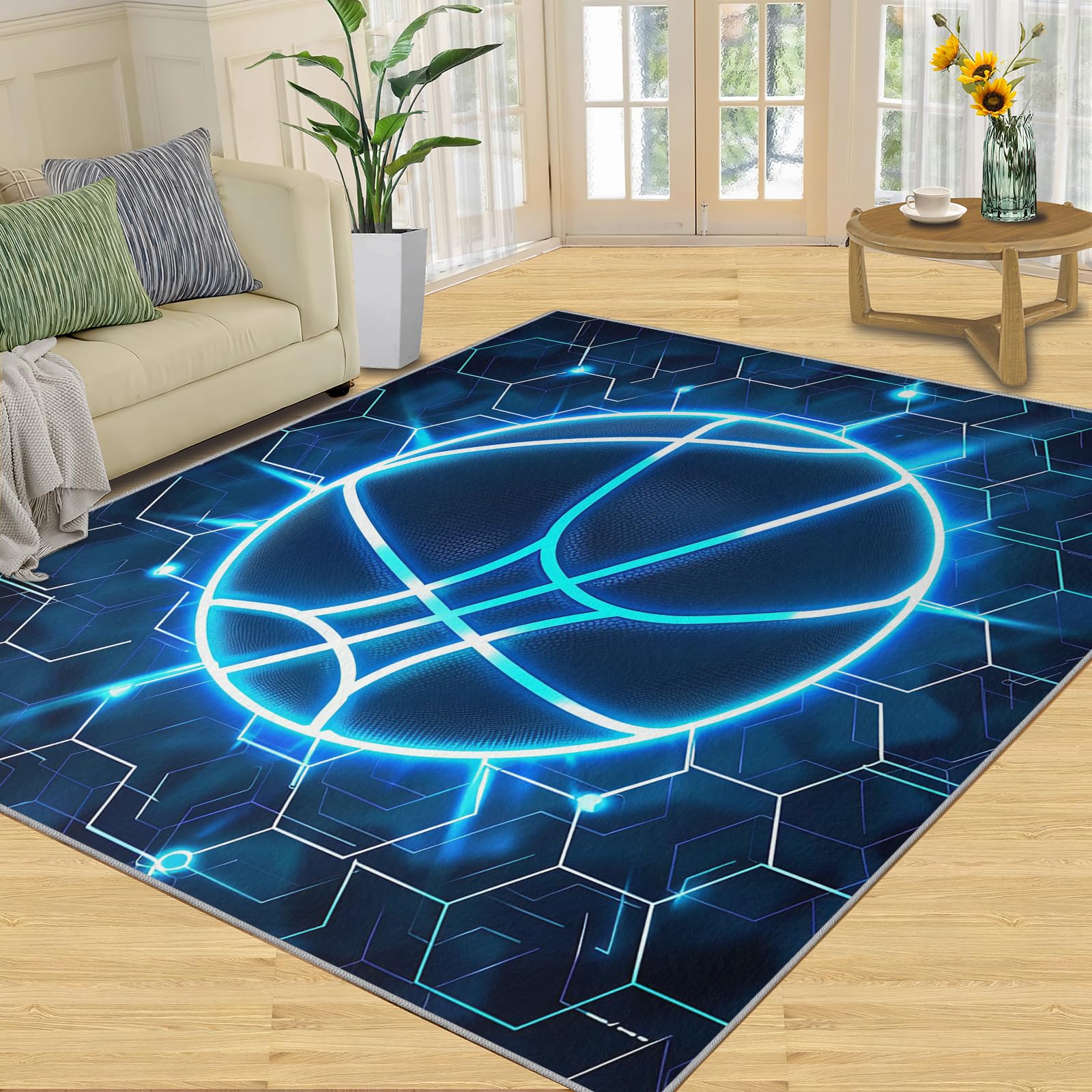Tapis de Basket Bleu Fluo Abstrait Nid Abeille Bleu Marine Tapis de Basketball Irrégulier Rayures Hexagonales Tapis Mince pour Chambre d'Enfant Décoration de Chambre d'Adolescent 70x140cm