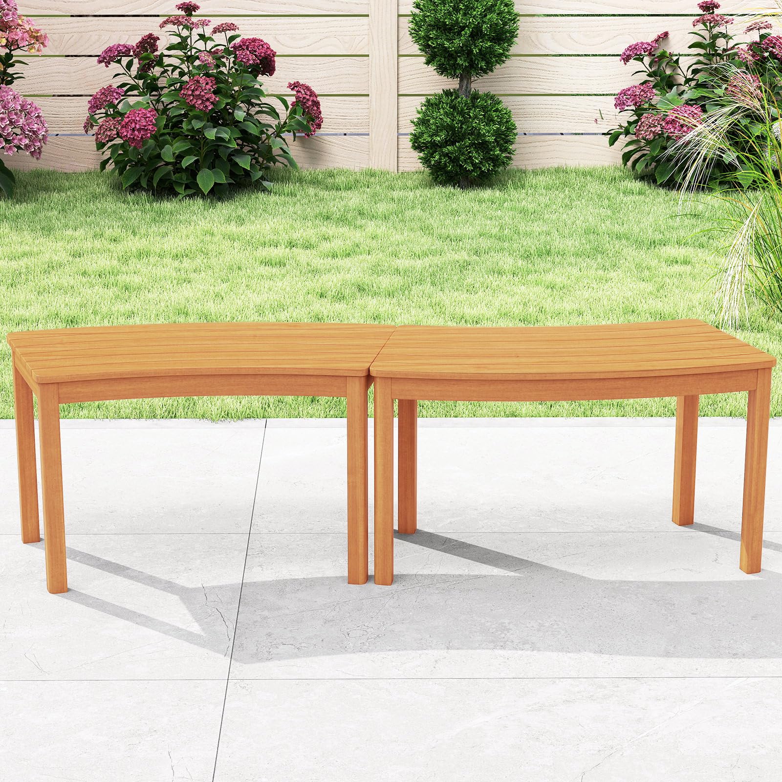 DREAMADE Lot de 2/4 Bancs Extérieurs Incurvés, Bancs de Foyer sans Dossier en Bois d’Acacia avec Assises à Lattes, pour Patio, Jardin, Terrasse, Charge 180 kg (Naturel,2)