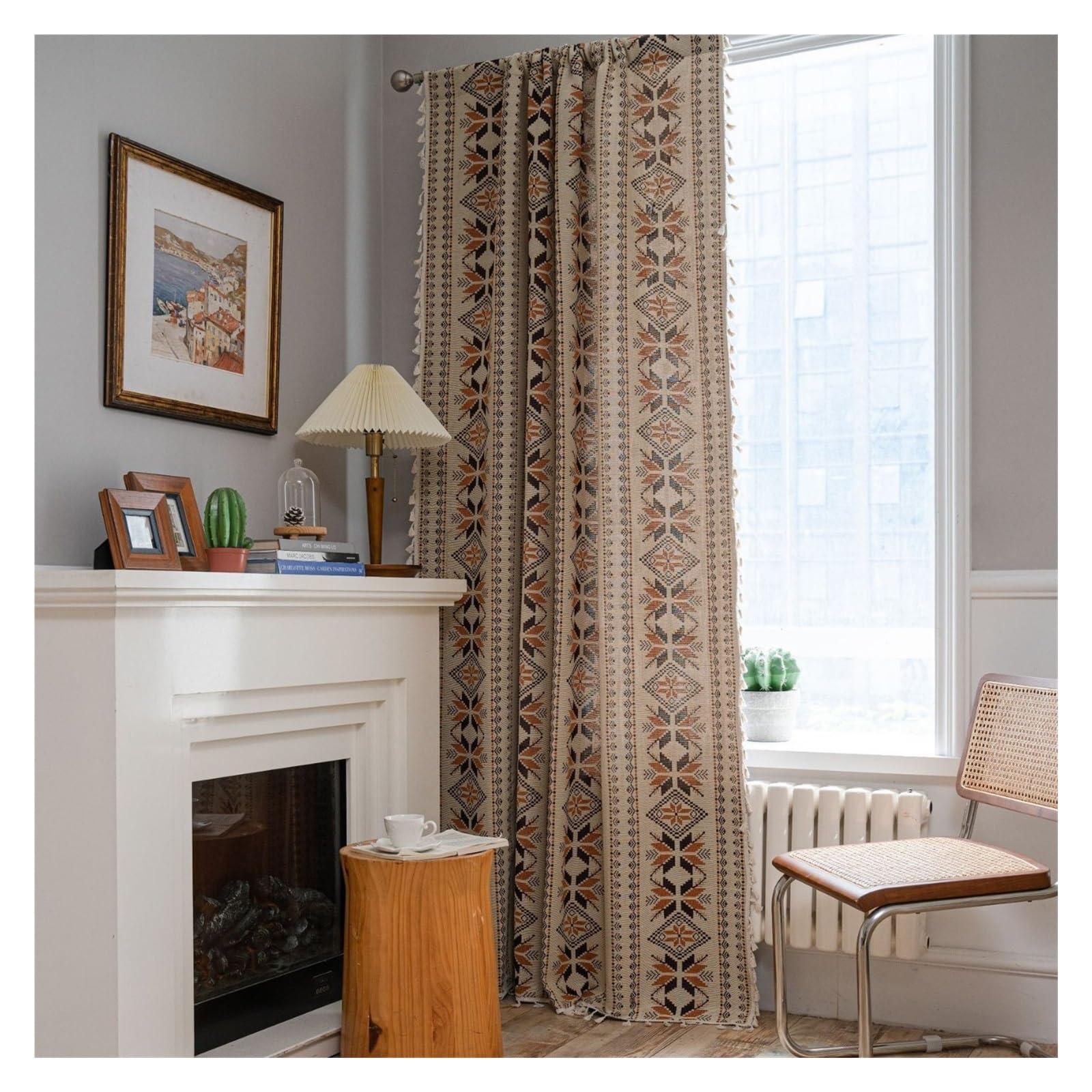 Rideaux semi-occultants jacquard élégants à pompons pour une chambre raffinée 150x200cm