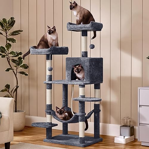 Miniatura 2 de YAHEETECH Lujoso árbol para gatos de 59 pulgadas con postes rascadores para gatos, centro de actividades grande para escaladores con condominio y