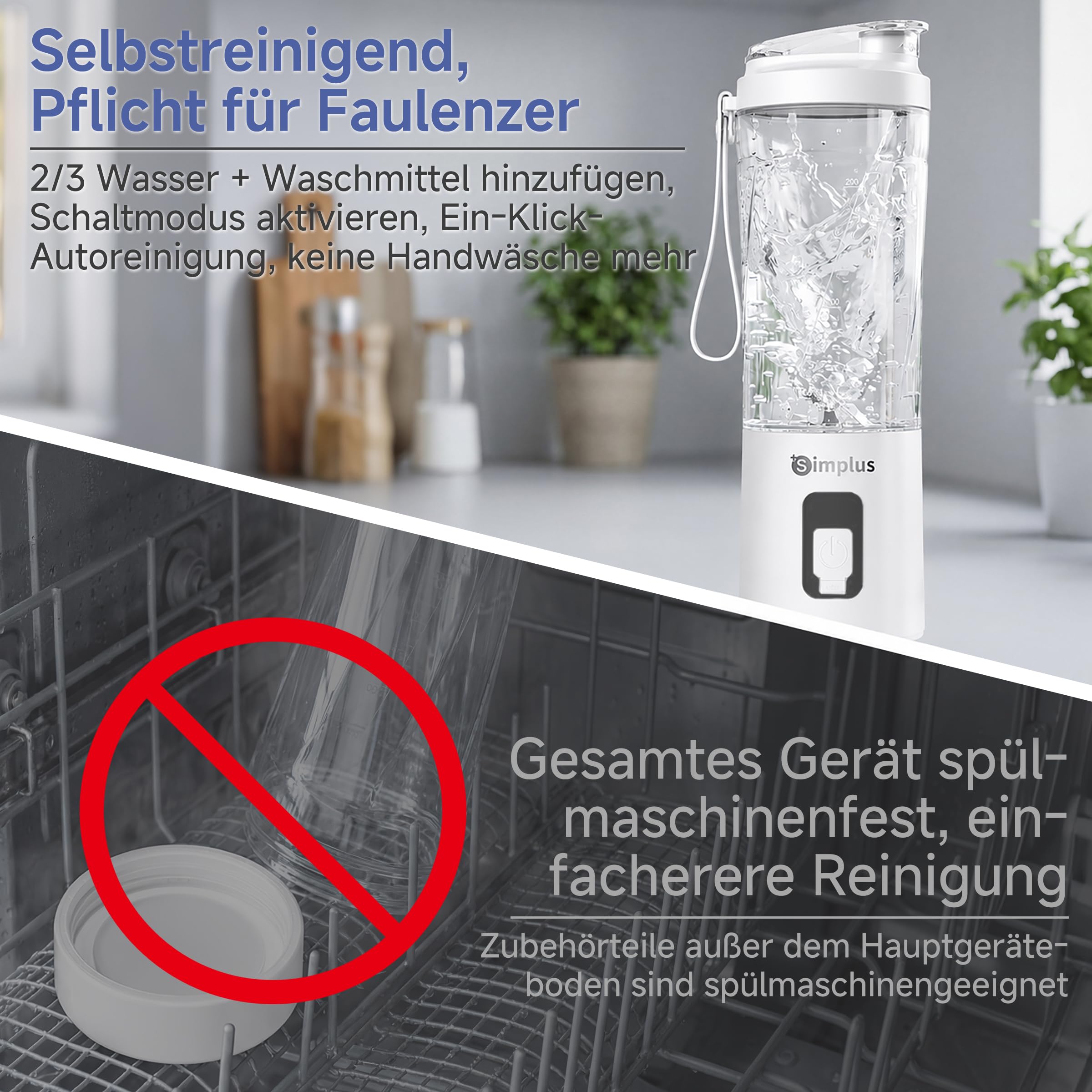 SIMPLUS Tragbarer Mixer 800ml Smoothie Maker To Go, USB-C Mini Mixer mit 6 Edelstahlklingen, kabelloser Blender für Shakes, Milchmixgetränke, weiche Früchte & kleine Eisstücke, BPA-frei
