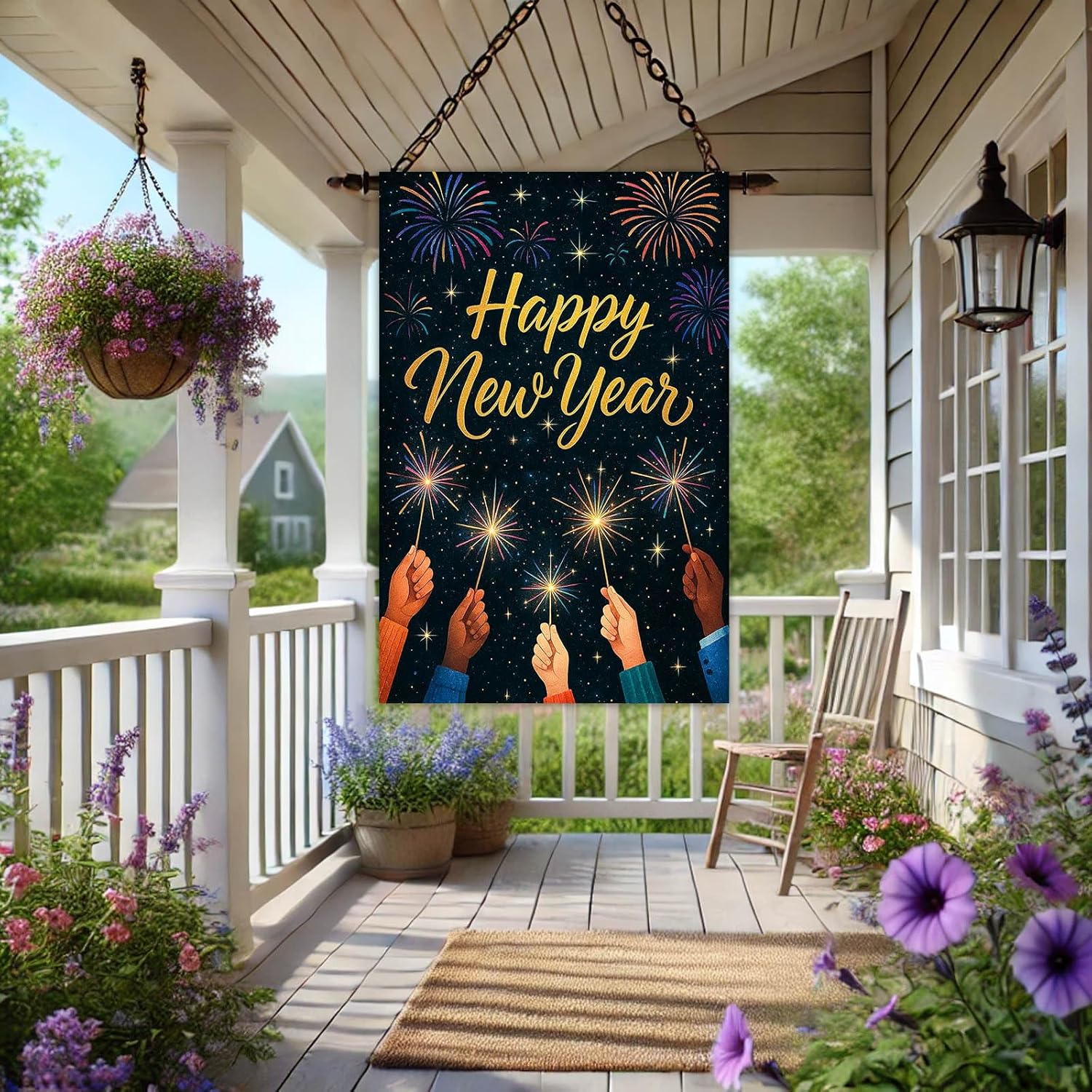Happy New Year House Flag 28x40 Inch Fireworks and Sparkler Hands Garden Flag Outdoor Yard Decoration Holiday Celebration Banner for Home Porch Lawn - Image 8