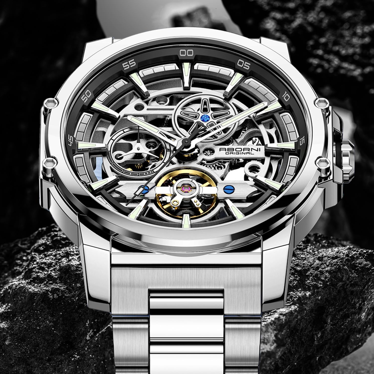 FORSINING Herren Luxus Automatik Skelett Mechanische Uhr Industriestil Selbstaufzug Hohl Uhren mit Tourbillon & Leuchtfunktion Edelstahlband Herren Armbanduhr