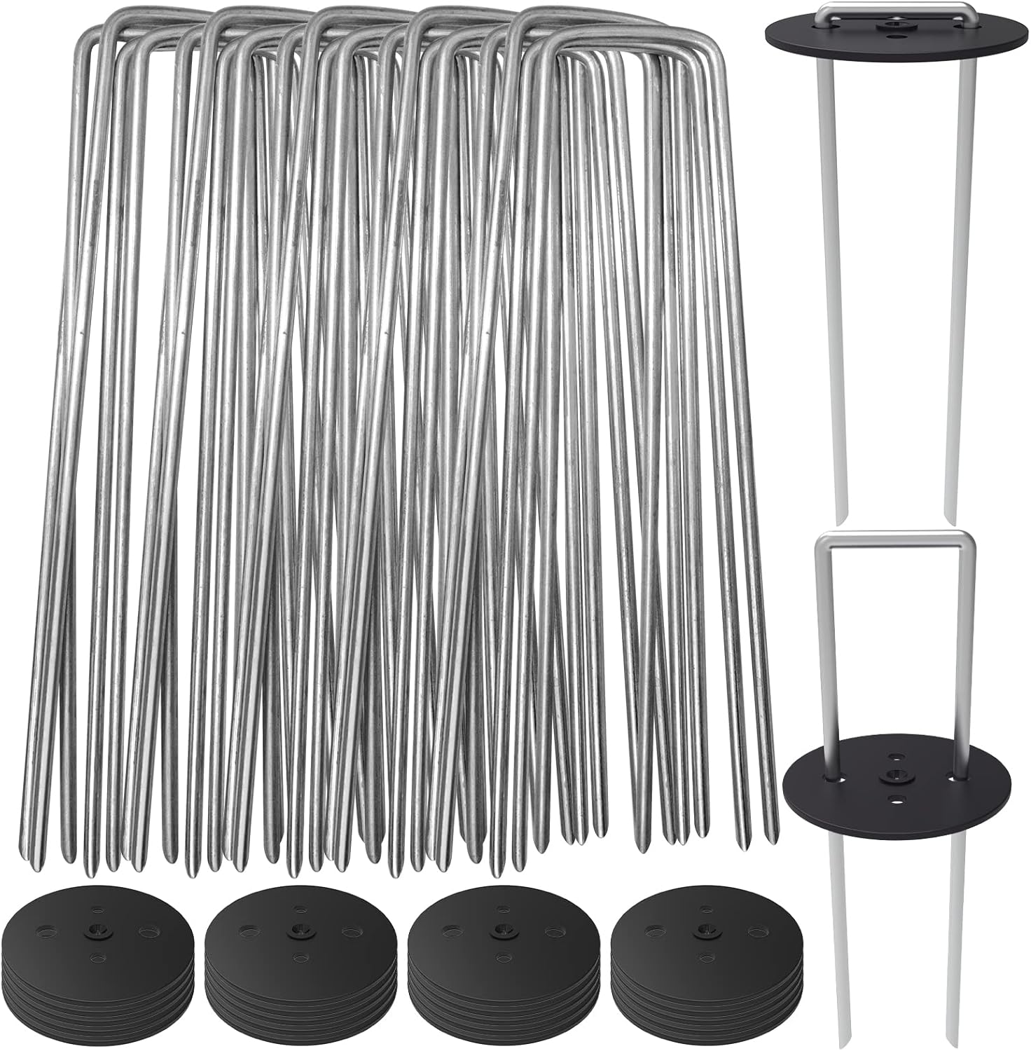 AAGUT 50 Pack Landscape Staples with Gasket Washer Caps, 6 Inch Vapor Barrier Stakes, Metal Garden Stakes Landscape Fabric Staples for Gardening Landscaping, Sod Fence Yard Lawn Ground Weed Mat Pins