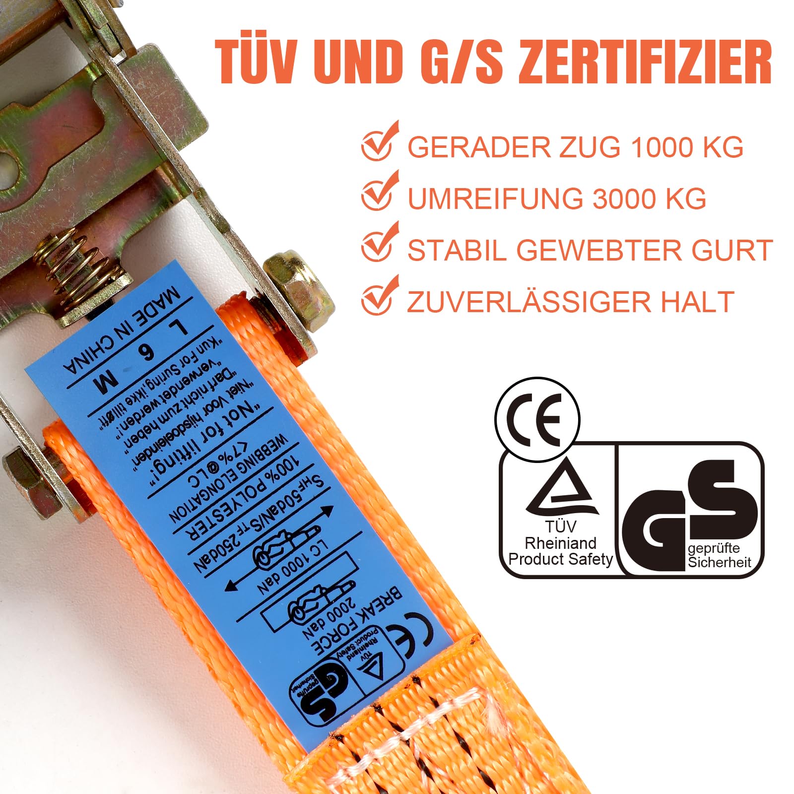 Baketron Spanngurte mit Ratsche und Haken - 6m 3000kg 40mm - 8 Stück - Ratschen Set - Ratschengurt 2-Teilig - Spanngurt Orange - Zurrgurte für Ladungssicherung - TÜV/GS Geprüft