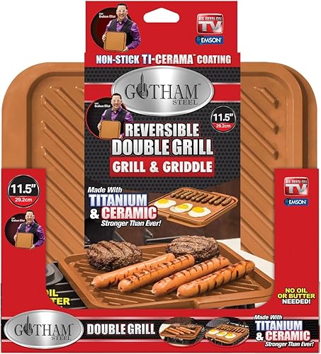 GOTHAM STEEL Sartén para parrilla antiadherente, doble parrilla, marrón, reversible con revestimiento Ti-Cerama, perfecta para barbacoas y más, como
