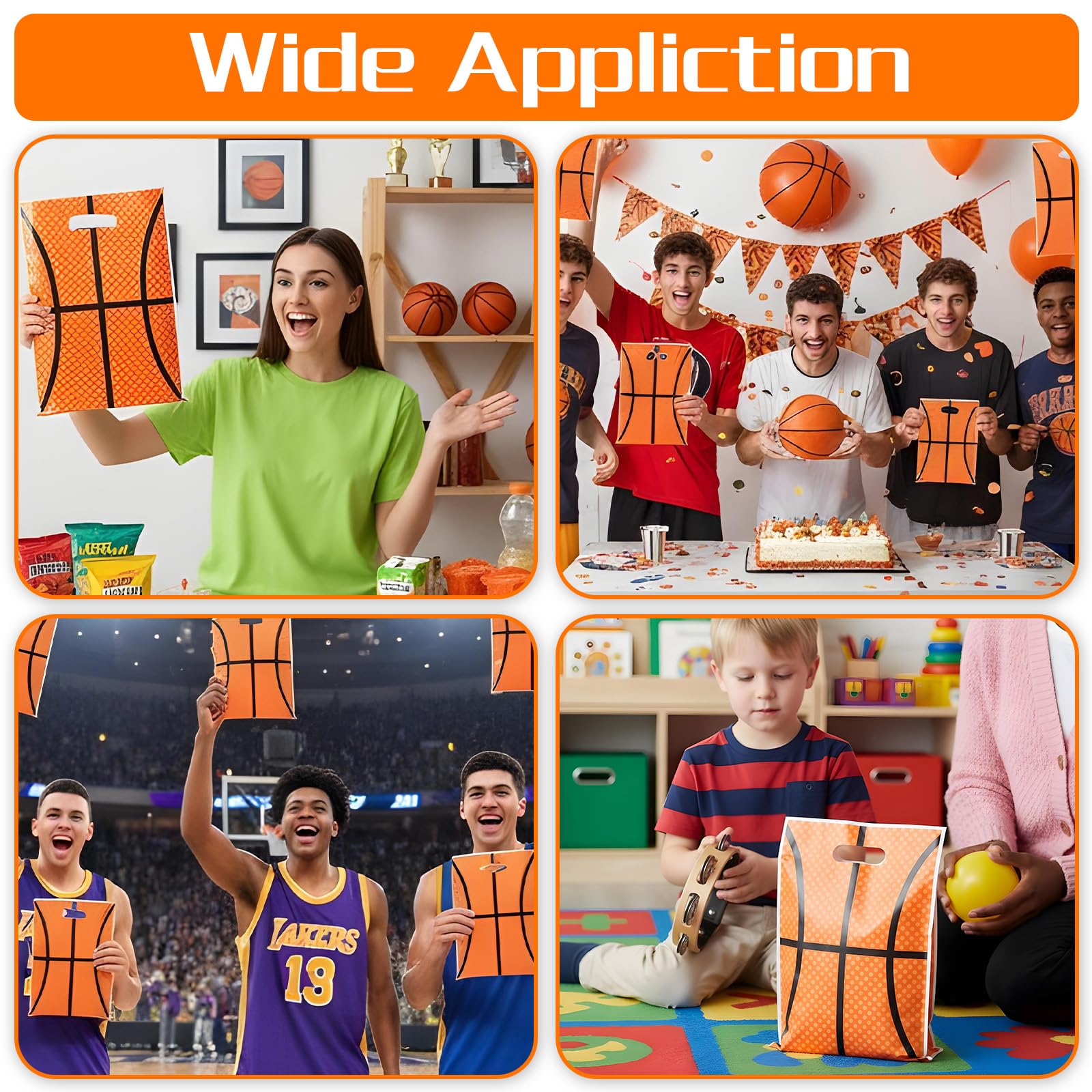 DOPENSPI 50PCS Basketball Gift Bags with Handle, 9.8x6.7in Plastic Basketball Goodie Bags Basketballs Party Favor Bag Basketballs Themed Parties Supplies for Birthday Sport Theme Party Decorations