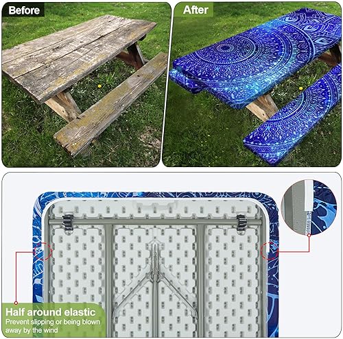 Miniatura 6 de Play Tailor - Mantel para mesa de pícnic con cubiertas para bancas, impermeable y a prueba de viento con bolsa de cordón, ajustable a mesas y bancas