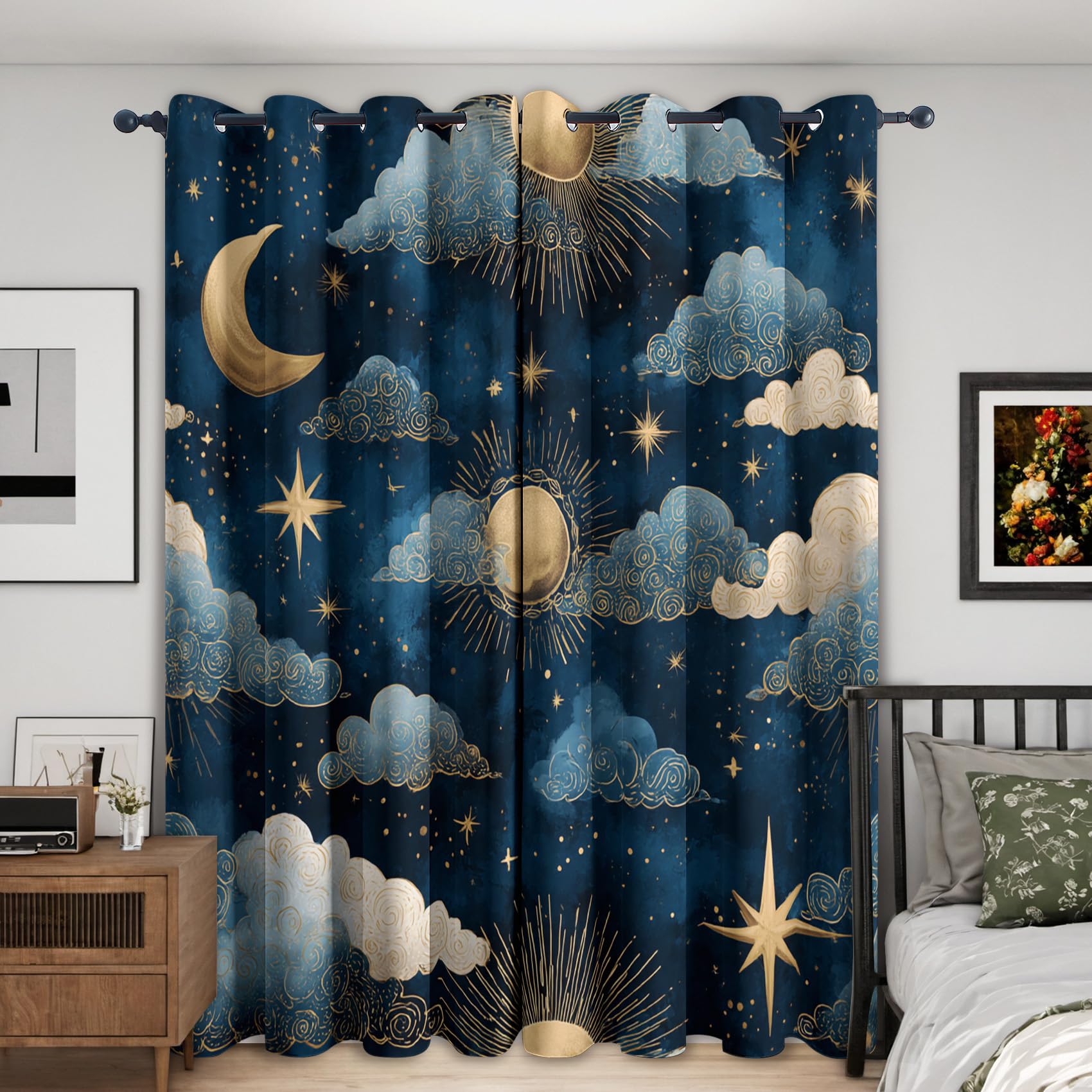 Moon Star Curtains for Bedroom 90x108, Kids Night Sky Curtains Blackout Living Room Home Decor, Printed Window Eyelet Drapes 108 Inch Drop 2 Panels