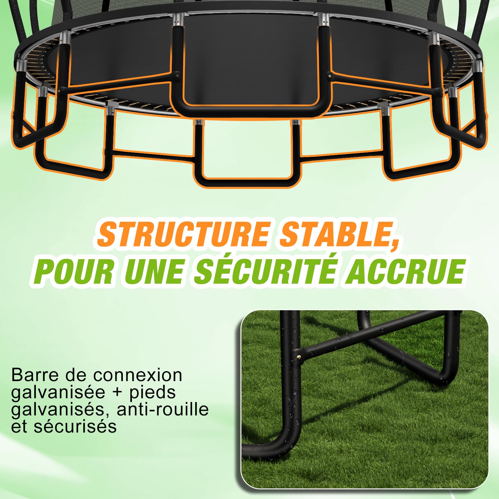 Devoko Trampoline Extérieur Ø228/305/366/427cm, Traverses de Jambe renforcées, Structure Stable et Robuste, Charge Max 160kg, Construction Monobloc, Installation Rapide, Adapté aux Enfants et Adultes