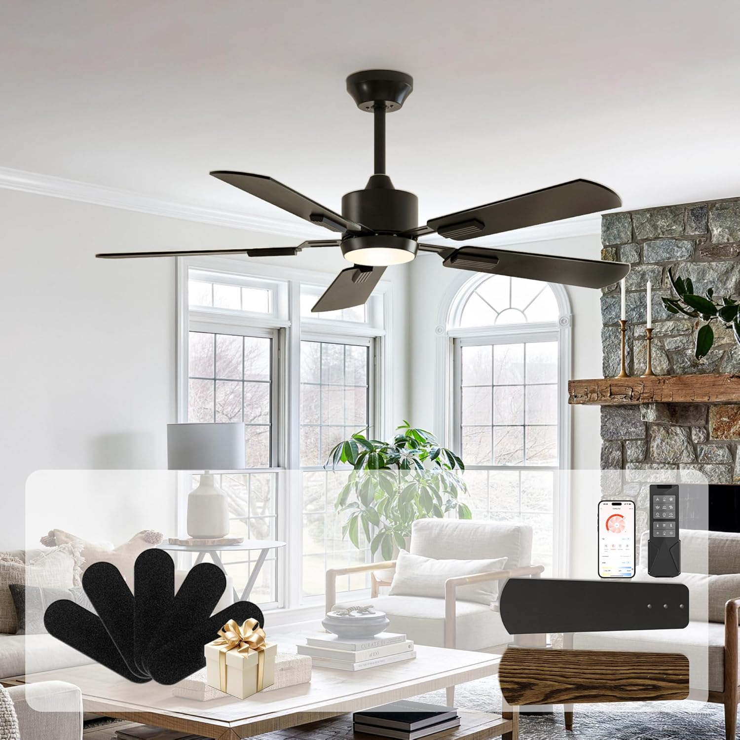 CubiCubi Ceiling Fans with Lights - 52 inch Black Ceiling Fan with Light and Remote/APP, Dimmable, Super Quiet, Modern Ceiling Fan for Indoor Bedroom, Living Room, Kitchen