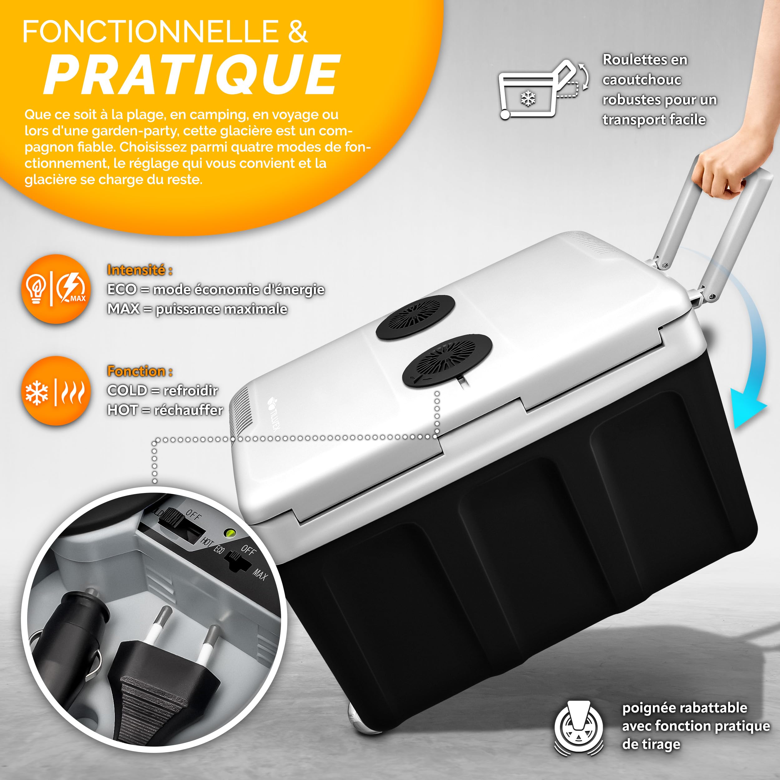 tillvex Glacière électrique 40 l avec roulettes | Mini réfrigérateur 230 V et 12 V pour Voiture, Voiture, Camping, Refroidissement et Chaleur | Mode ECO