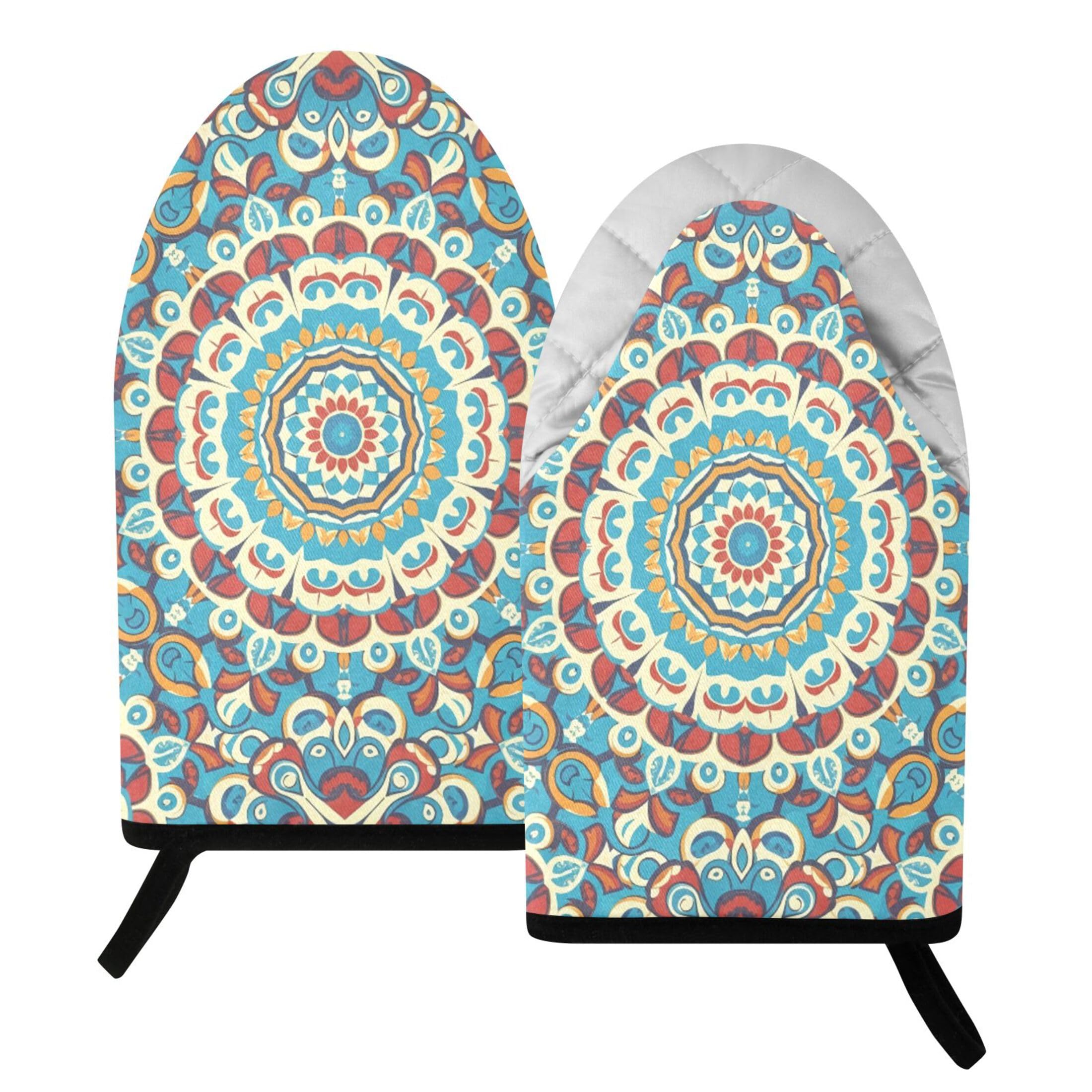 Fuauuyl Oven Mitts Heat Resistant Kitchen Gloves, Mandala Classic Oven Gloves with Hanging Loop for Baking BBQ Cooking Grilling, 1 Pair, 9.5 in
