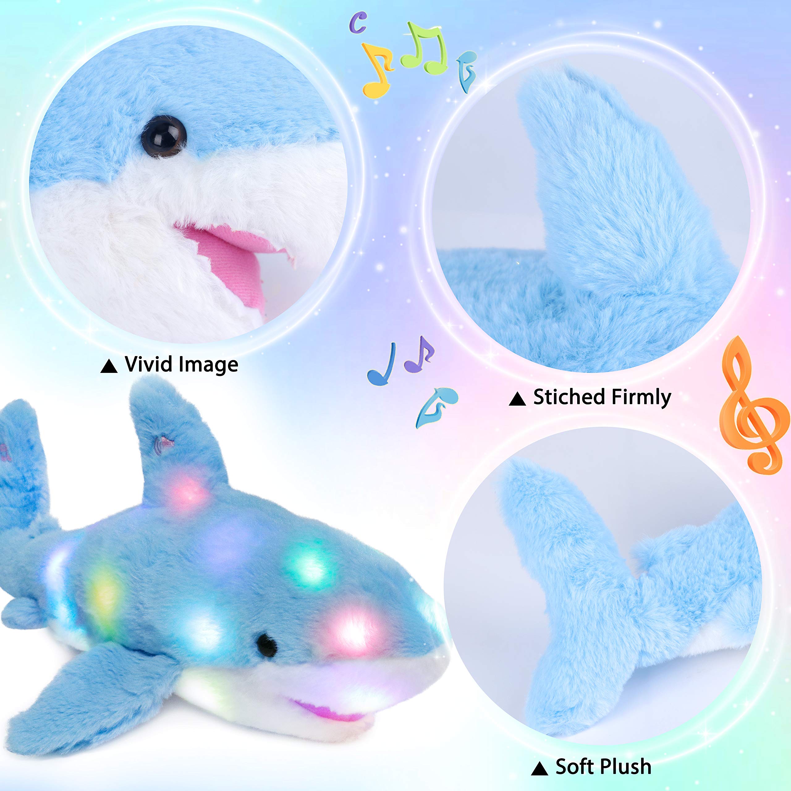 Hopearl Requin Musical Peluche Lumineuse LED Qui Chante Volume Réglable, Veilleuse Animée Apaisante - Cadeau Anniversaire Fête pour Enfants Filles, Bleu, 28cm
