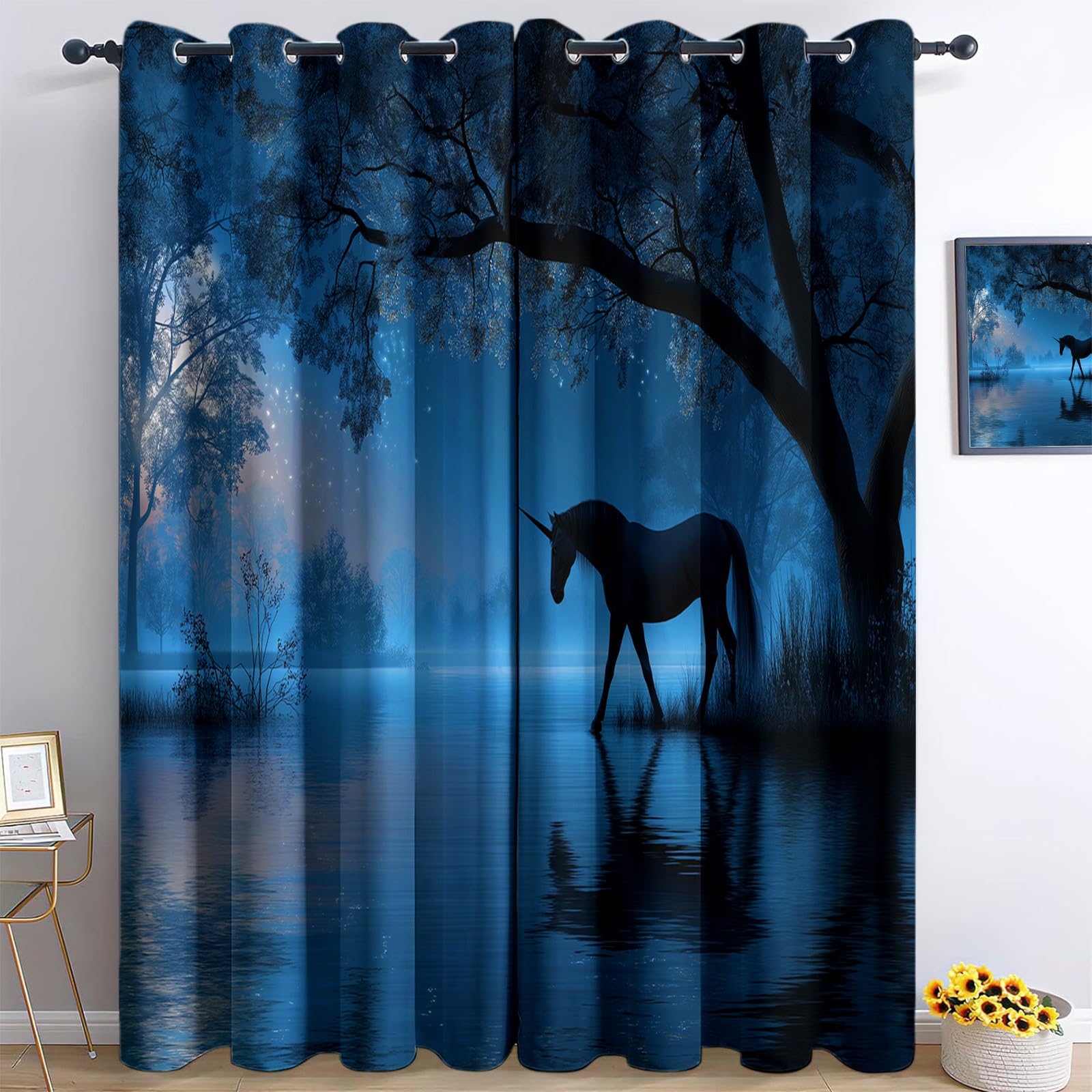 Générique Rideaux Occultants 100% Fantaisie Animaux, Ciel étoilé Licorne Rideau à Oeillets pour Salon Chambre d'enfant, Bleu - 2 Panneaux 183 x 214 cm (L x H)