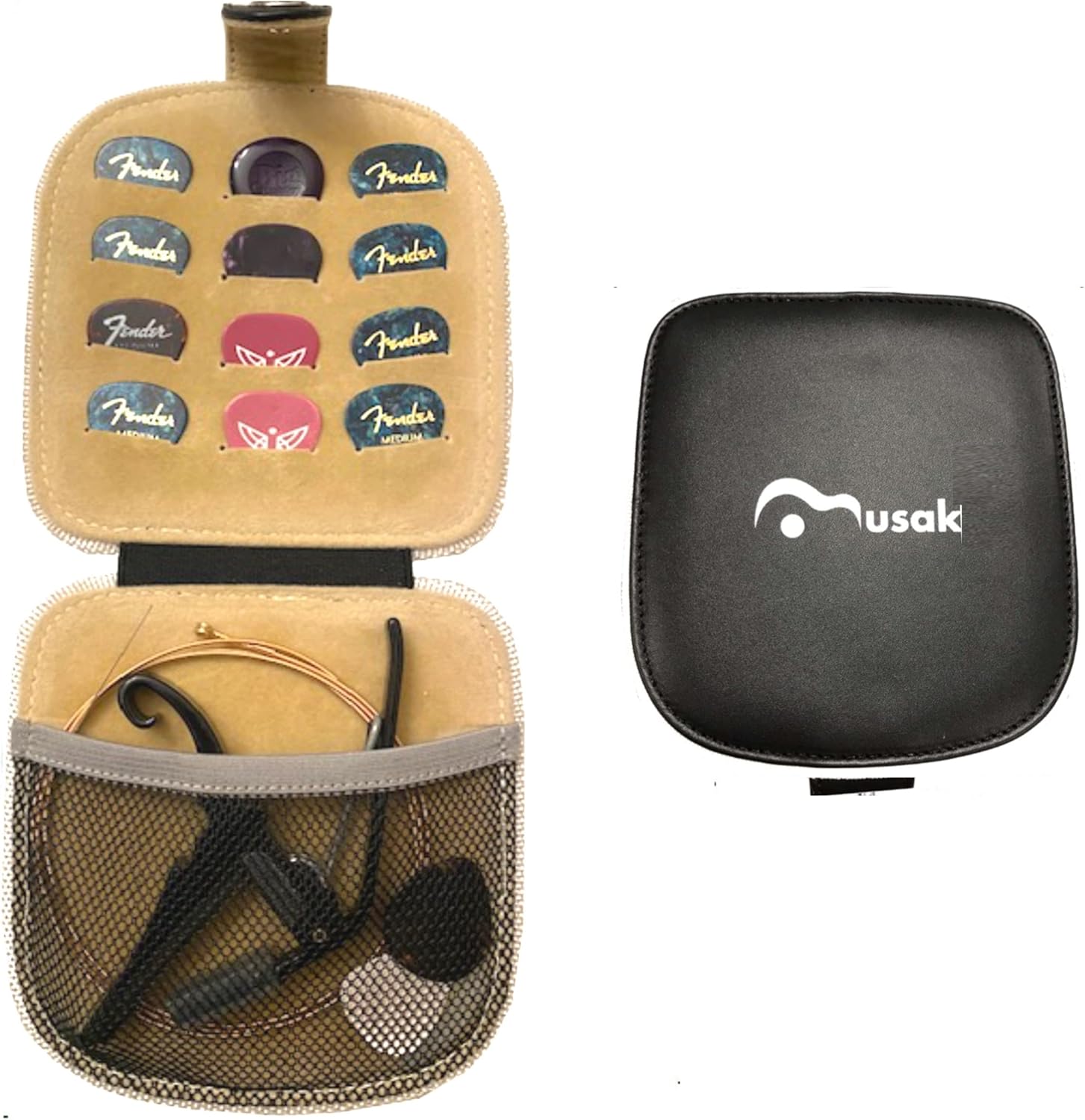 Musak Guitar Pick Holder Case PU Leather Square Picks Accessories w/ 12 Slots