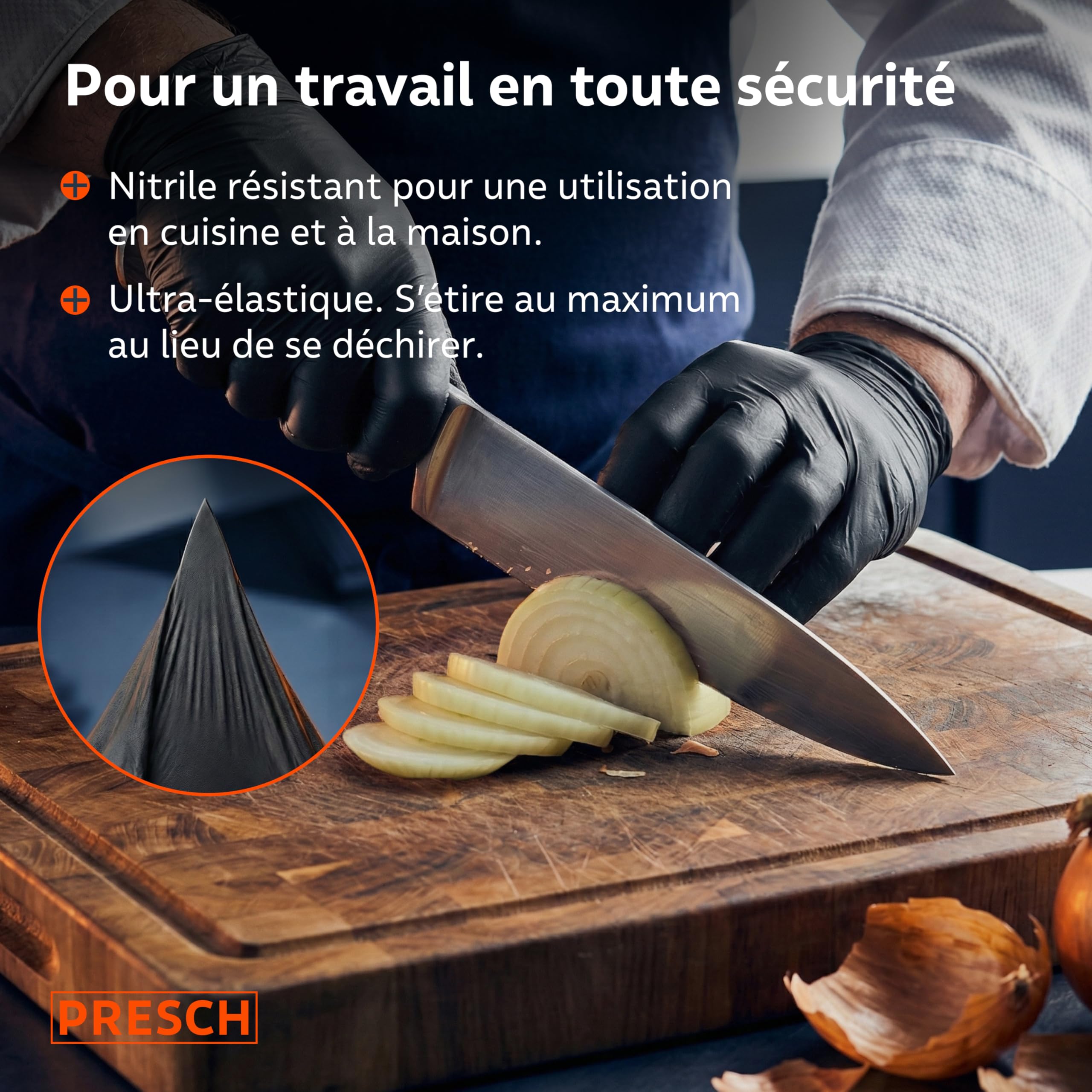 PRESCH Gants Jetables Noir 100 pc (L - 9) - Gants en nitrile avec bouts de doigts texturés - Sans latex et poudre - Résistant aux déchirures grâce à son bord roulé renforcé