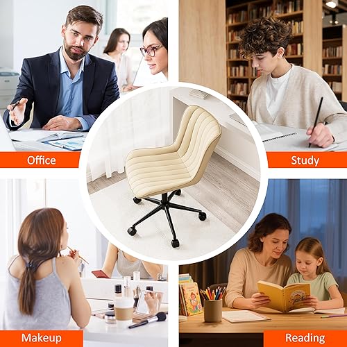 Miniatura 7 de Kidol & Shellder Silla de escritorio de piel beige con ruedas, moderna y bonita silla giratoria ejecutiva sin brazos con respaldo acolchado cómodo,