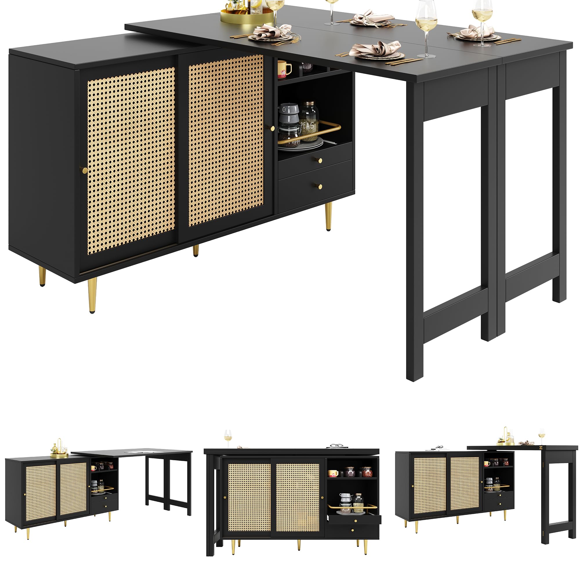 Moimhear Barra giratoria de 360° (cuerpo principal: 107 x 40 x 71,4 cm), barra de diseño retráctil, armario de almacenamiento con puerta de ratán + estante de almacenamiento abierto, adecuado para