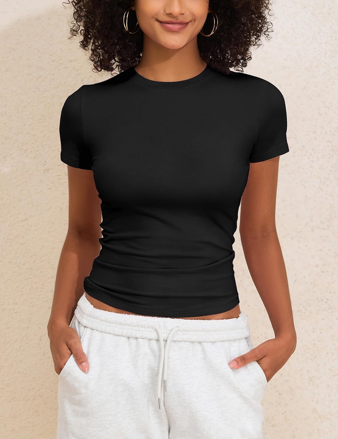 Hilor Women's Cotton Basic Tees Short Sleeve Crew Neck Stretchy Slim Fitted T Shirts Going Out Tops - Image 7