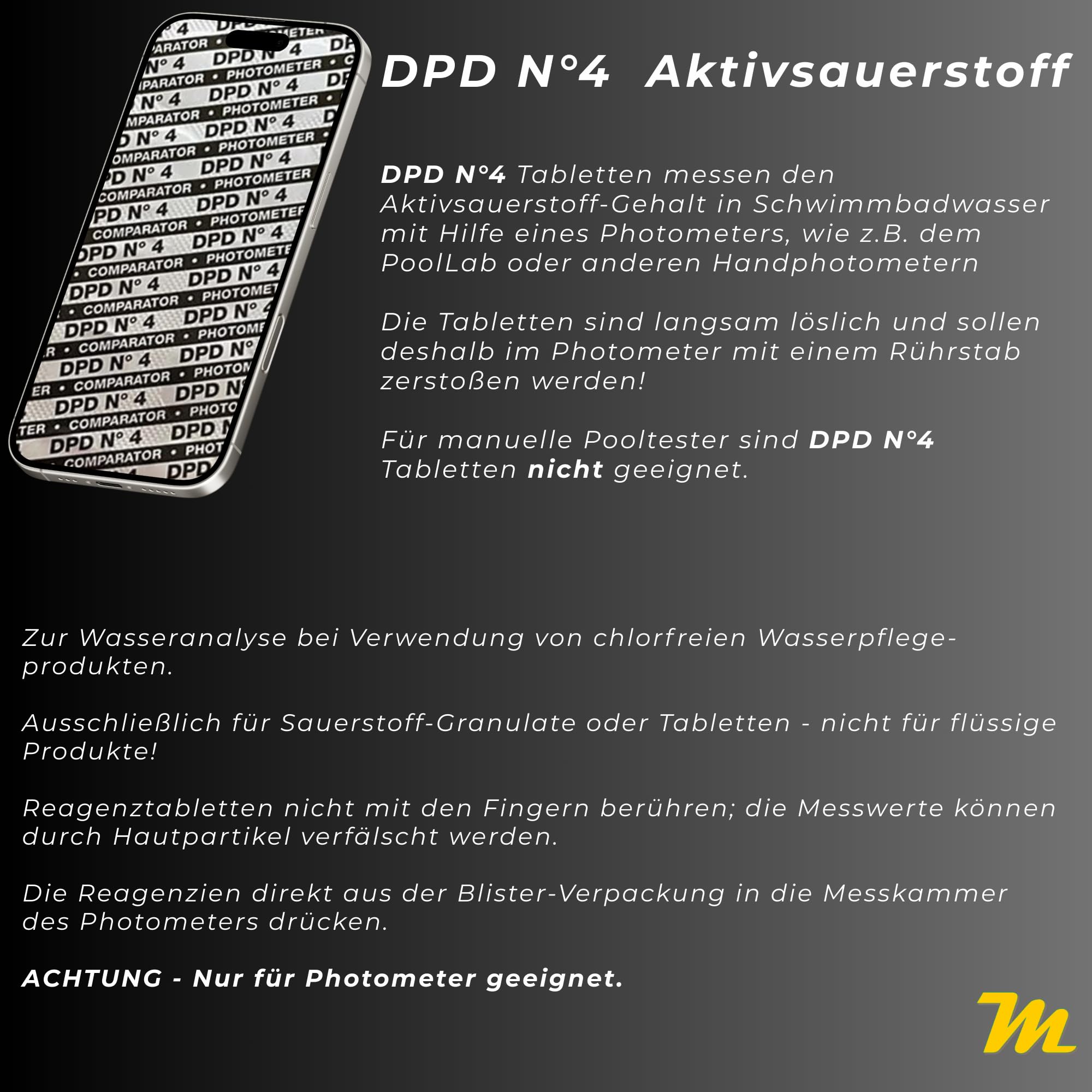 DPD Lot de 4 pastilles de test de PoolLab pour mesurer la teneur en oxygène actif dans l'eau de la piscine - Convient également pour d'autres photomètres portatifs (500)