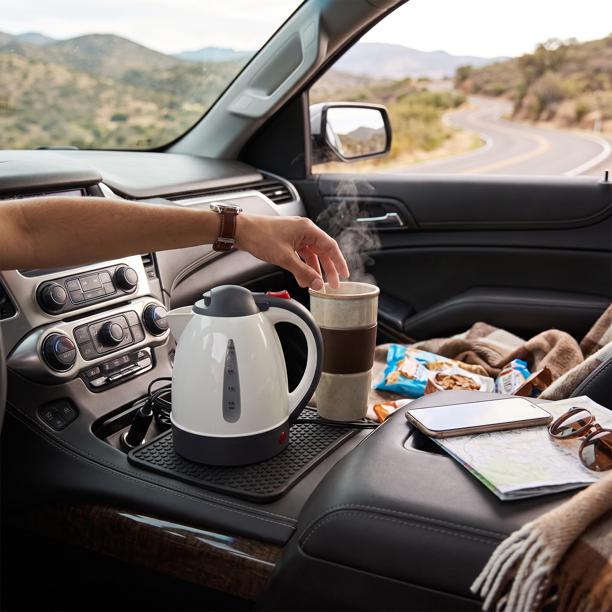 Aramox Bouilloire électrique Portative de Voiture, Chauffe-eau de Voyage d'arrêt Automatique d'acier Inoxydable 1L pour le café de thé sur les Voyages en Voiture et le Camping (12V)