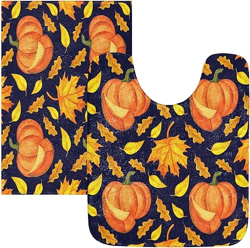 Bathroom Rugs Sets 2 Piece 24x16+24x20 Inch,Soft U-Shaped Contour Toilet Rug Orange Pumpkins Watercolor Non-Slip Absorbent Bath Floor Mat Carpet Set disponible en Yaxa Peru