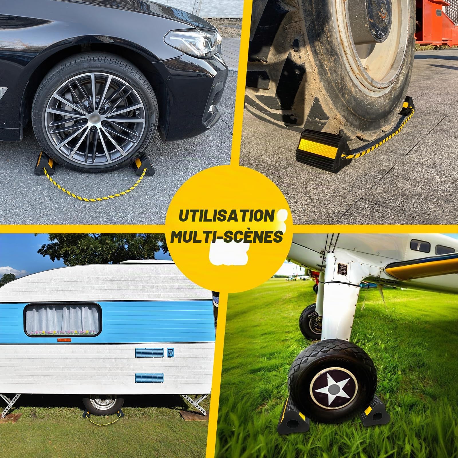 HOXWELL Cales de Roue (2 Paires/4 Lots avec Corde) pour Camping-Car, remorque, Camion, Voiture, Avion, Bloc de Cales de Roue Polyvalent en Caoutchouc Robuste avec 3 Bandes réfléchissantes,