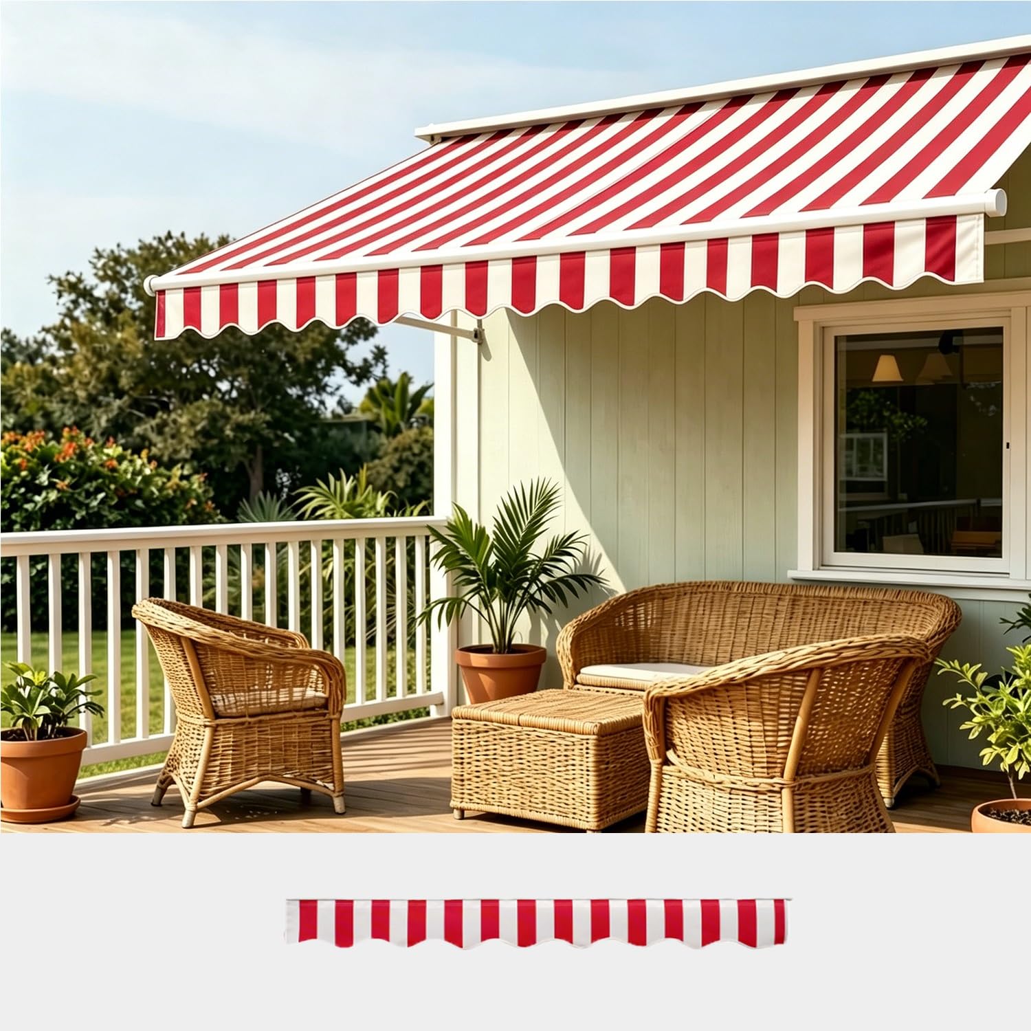 Patio Awning Valance Replacement Fabric 280 300 330 380 400 450 cm, Heavy Duty Polyester Canopy Edge Trim with Spline, Waterproof Sunshade Canvas Strip for Window Deck(Red white,L350CMxH20CM)