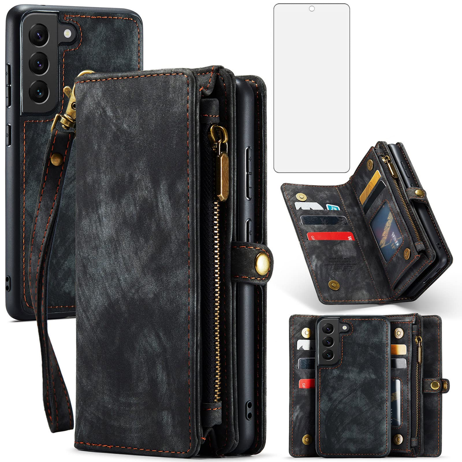 Asuwish Phone Case for Samsung Galaxy S21 FE Gaxaly S 21 FE 5G Zipper Wallet Cover with Tempered Glass Screen Protector and Flip Card Holder Cell Accessories Glaxay S21FE5G UW S21FE 21S G5 Women Black