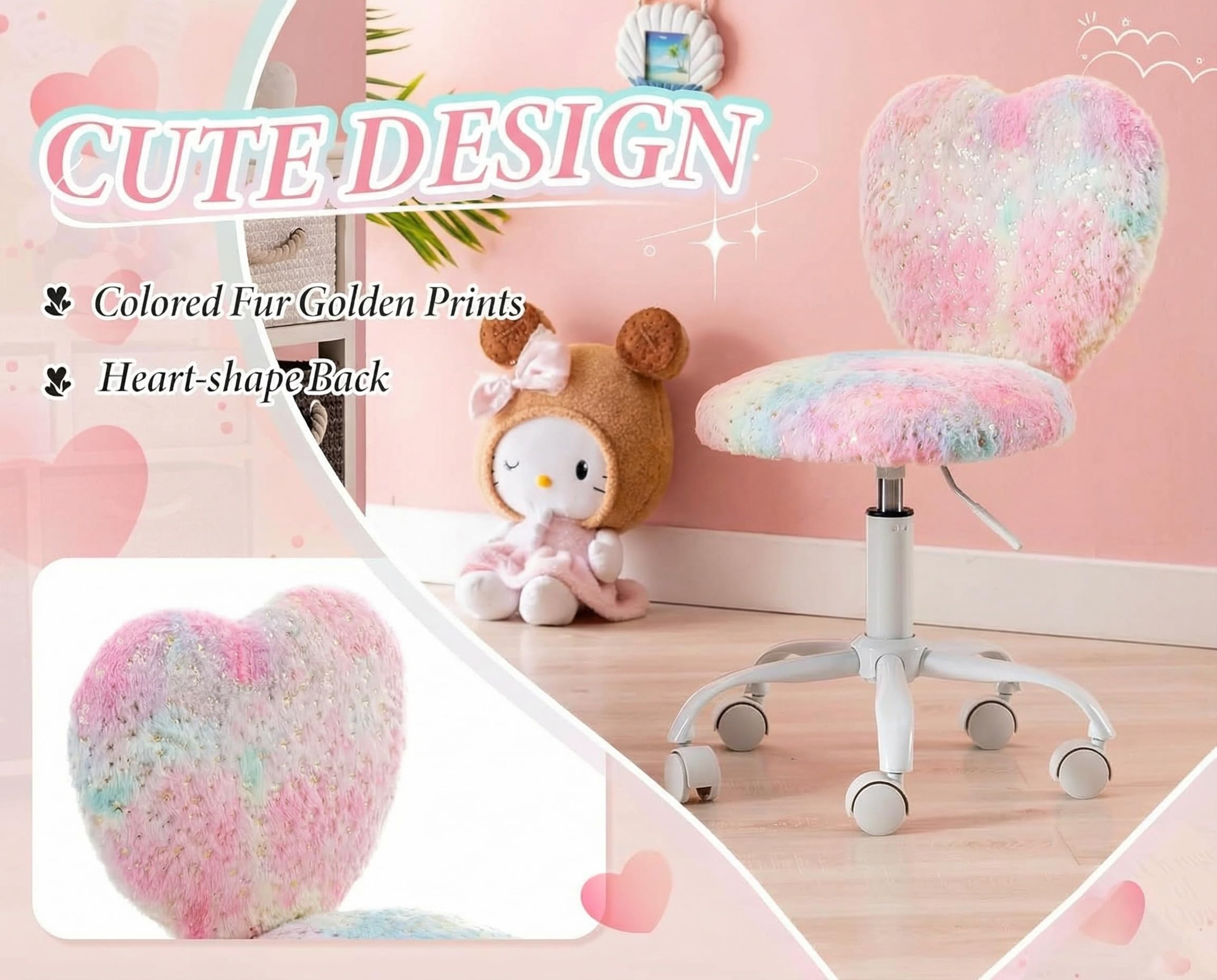 chairus Silla Escritorio Niña de Piel Sintética Silla Infantil de Corazón, Silla Giratoria de Estudio para Niñas con Ruedas y Altura Ajustable, Rosa