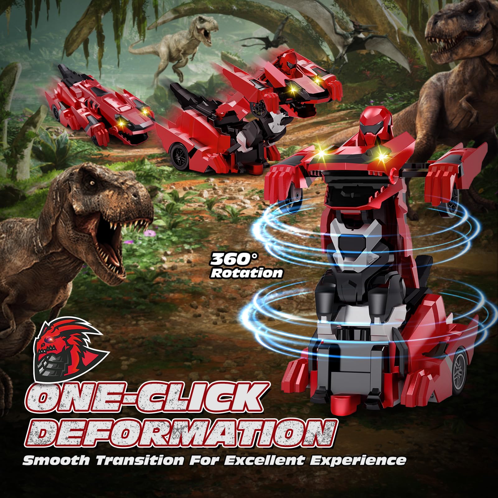 Tecnock 2025 Rechargeable Dinosaur Remote Control Car 2.4GHz One Button Transformation 360 °Rotation Robot Car Toy with LED Lights Toy Gift for Age 4-12 Boys/Girls Red - Image 2
