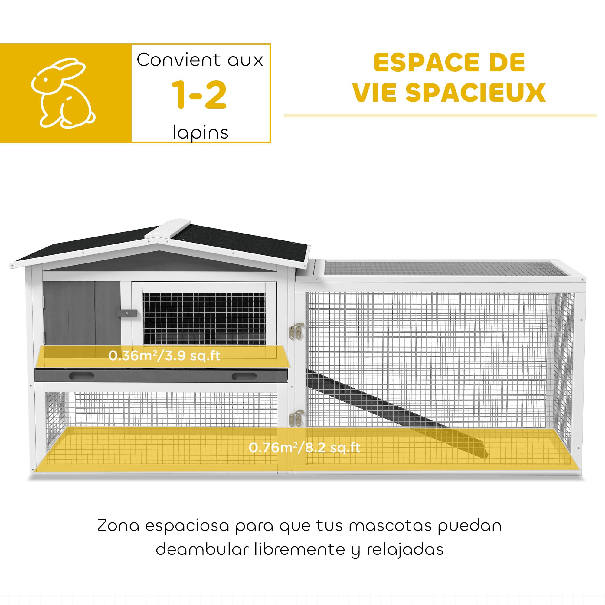 PawHut Clapier Cage à Lapins rongeurs 2 étages tiroir déjection enclos extérieur Amovible Toit ouvrant 156L x 58l x 68H cm Bois Massif pin