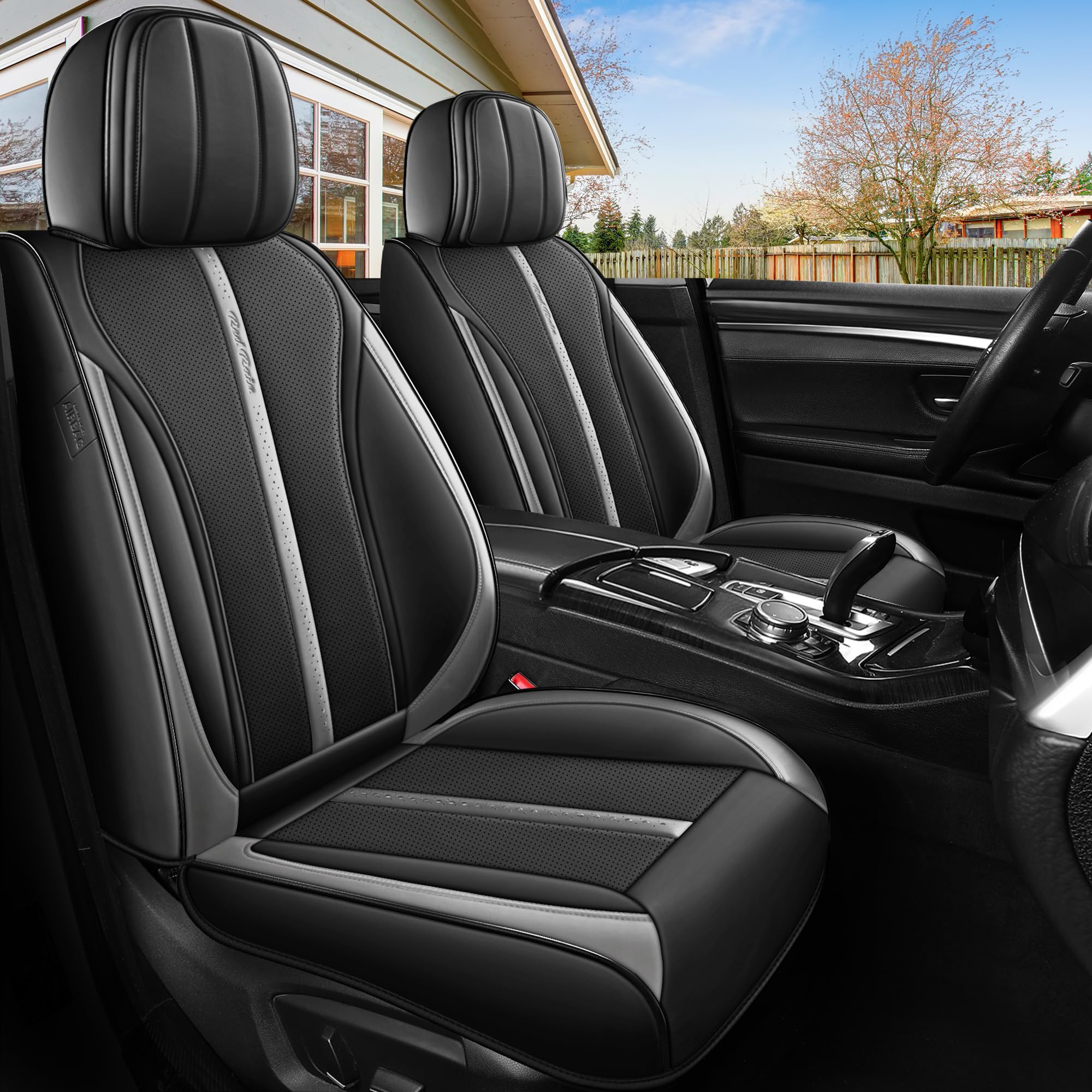 Black and Gray Universal Leather Car Seat Cover Waterproof Seat Covers Auto Seat Covers for Cars Suv Truck (R-Black+Gray)