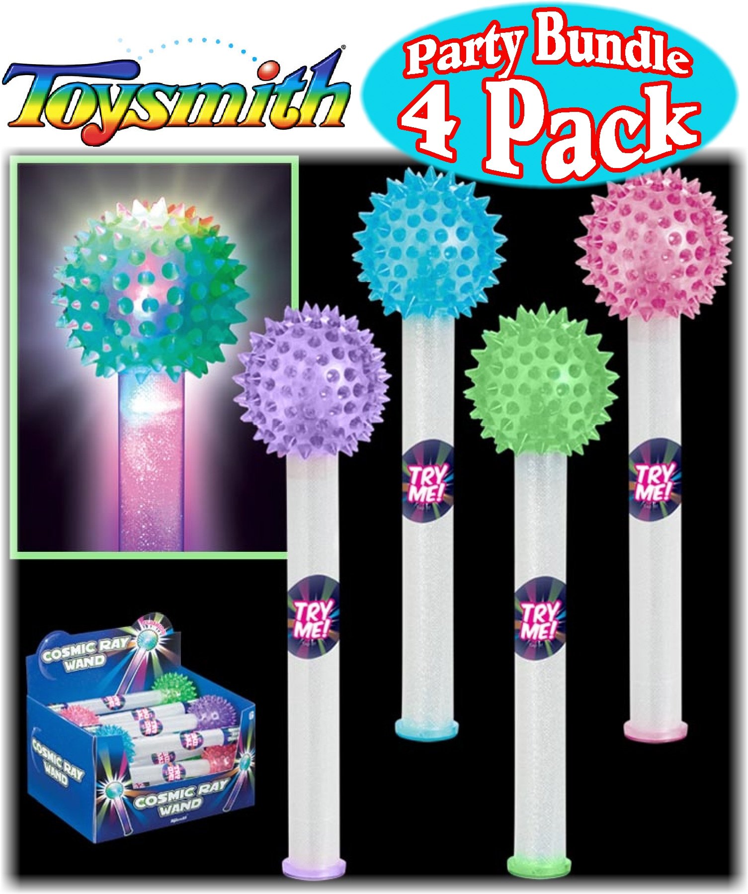 Toysmith 9" Light-Up Cosmic Ray Wand Blue, Purple, Pink & Green Complete Party Set Bundle - 4 Pack