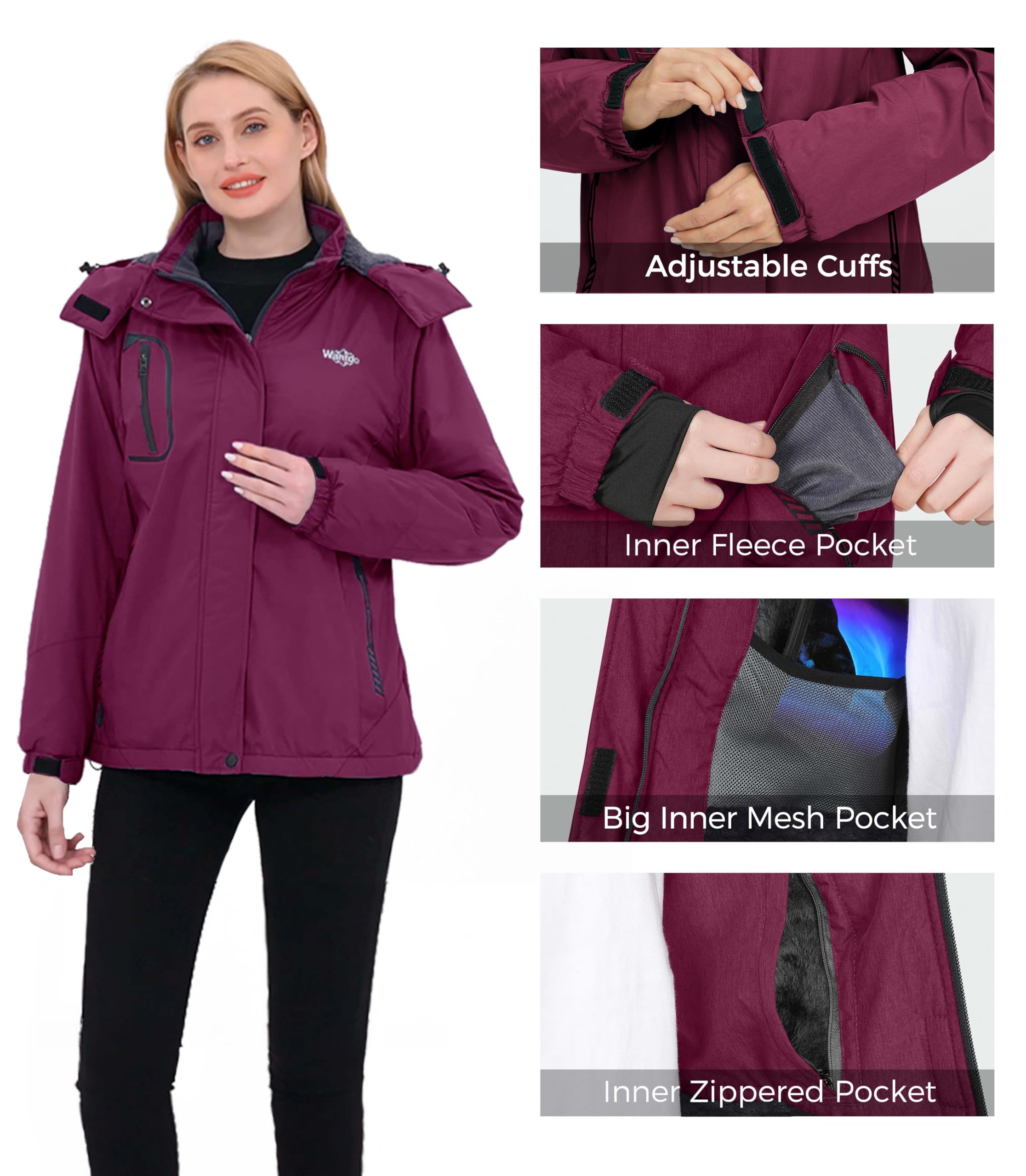 Wantdo Giacca da Sci Montagna Invernale Parka da Neve Caldo con Cappuccio Cappotto da Snowboard Giubbotto da Escursionismo Impermeabile Donna