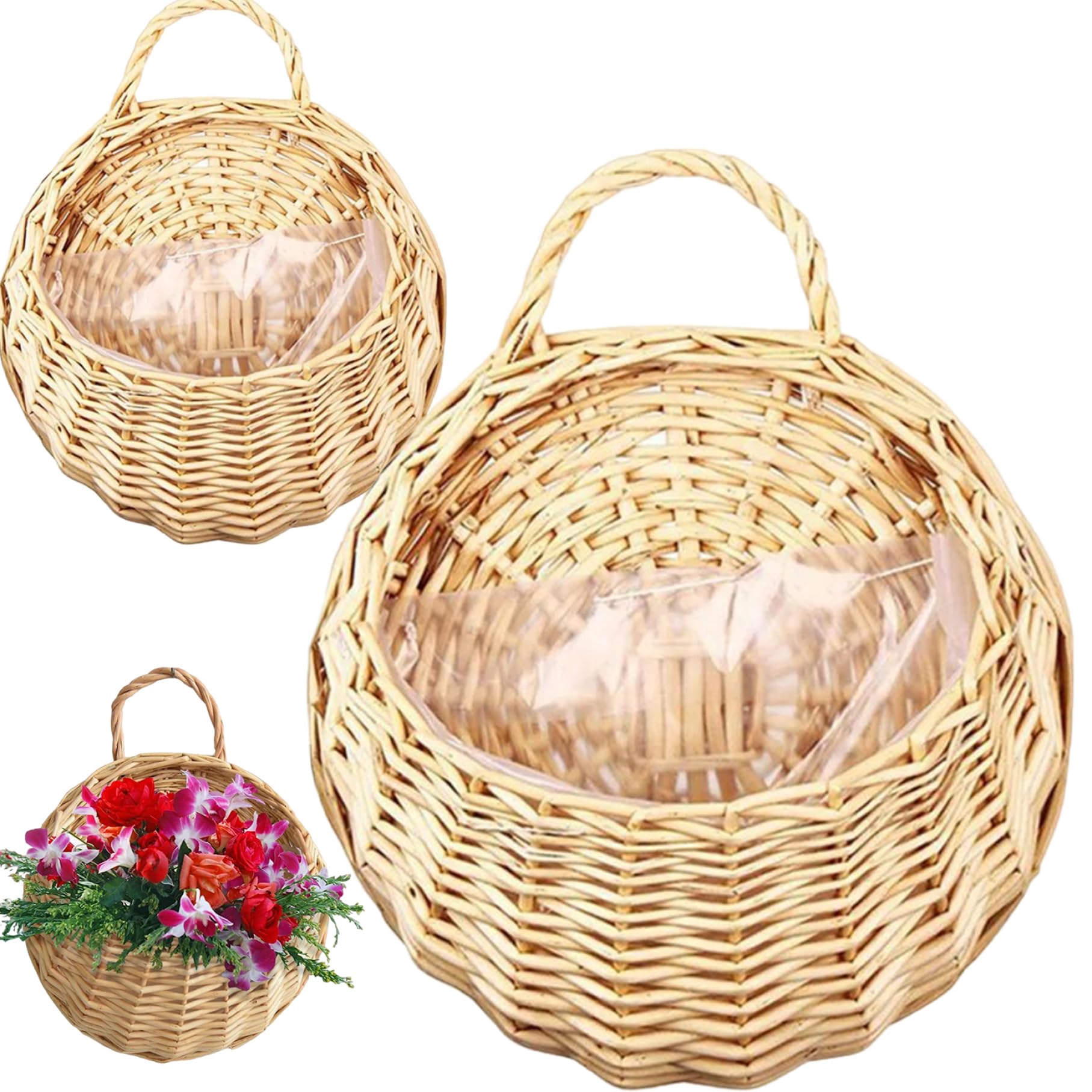 Hanging Basket, Hanging Planter 2Pcs Natrual Rattan Planter Vintage Wall Basket Storage Plant Rattan Wall Flower Pot for Home Garden Indoor Plants, Beige
