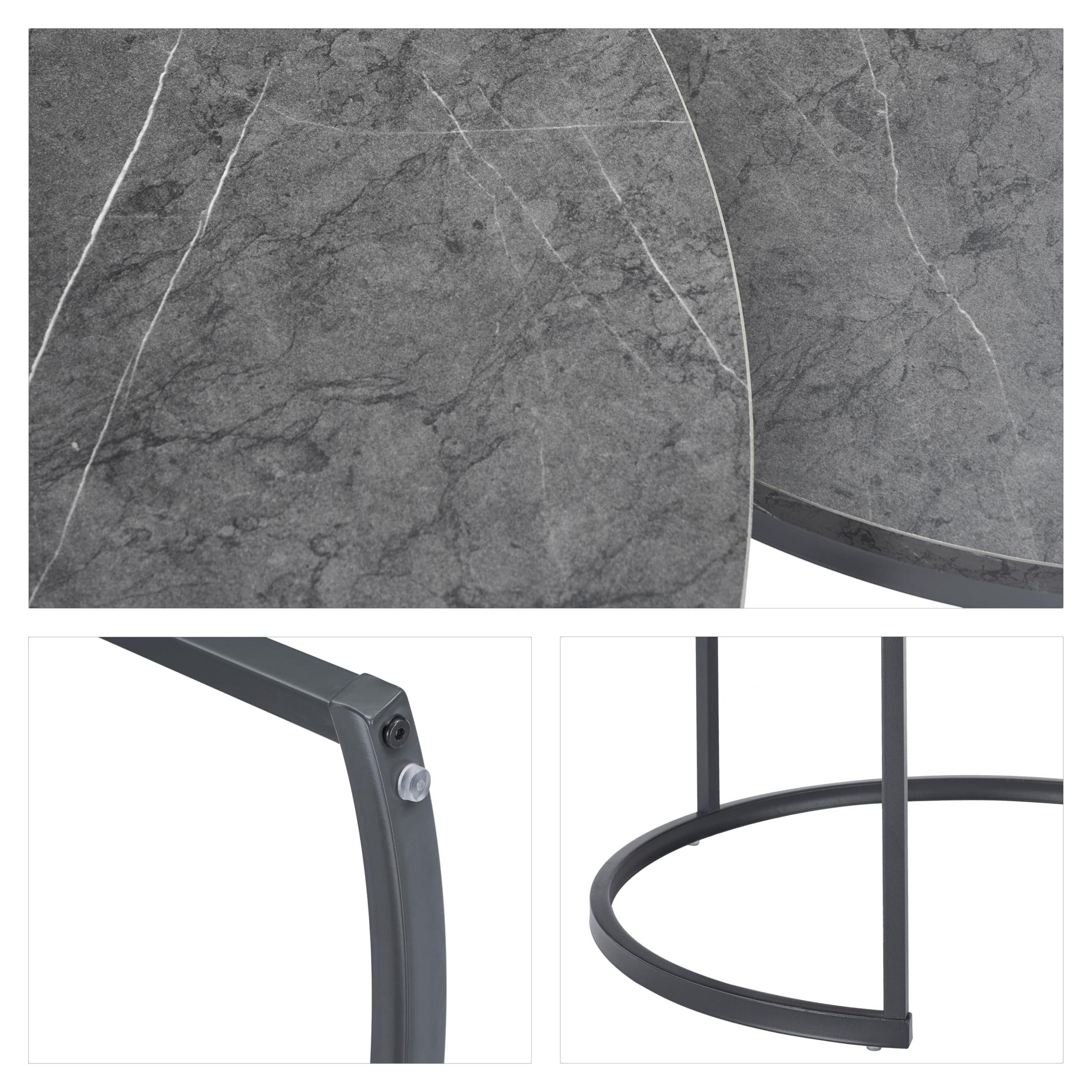 hitsuki Couchtisch Rund 2er Set, Marmor Couchtisch Grau Metallgestell Wohnzimmertisch Grau, Beistelltisch Metall，Satztische fürs Wohnzimmer, Schlafzimmer, Balkon (Schwarz & Schwarz)
