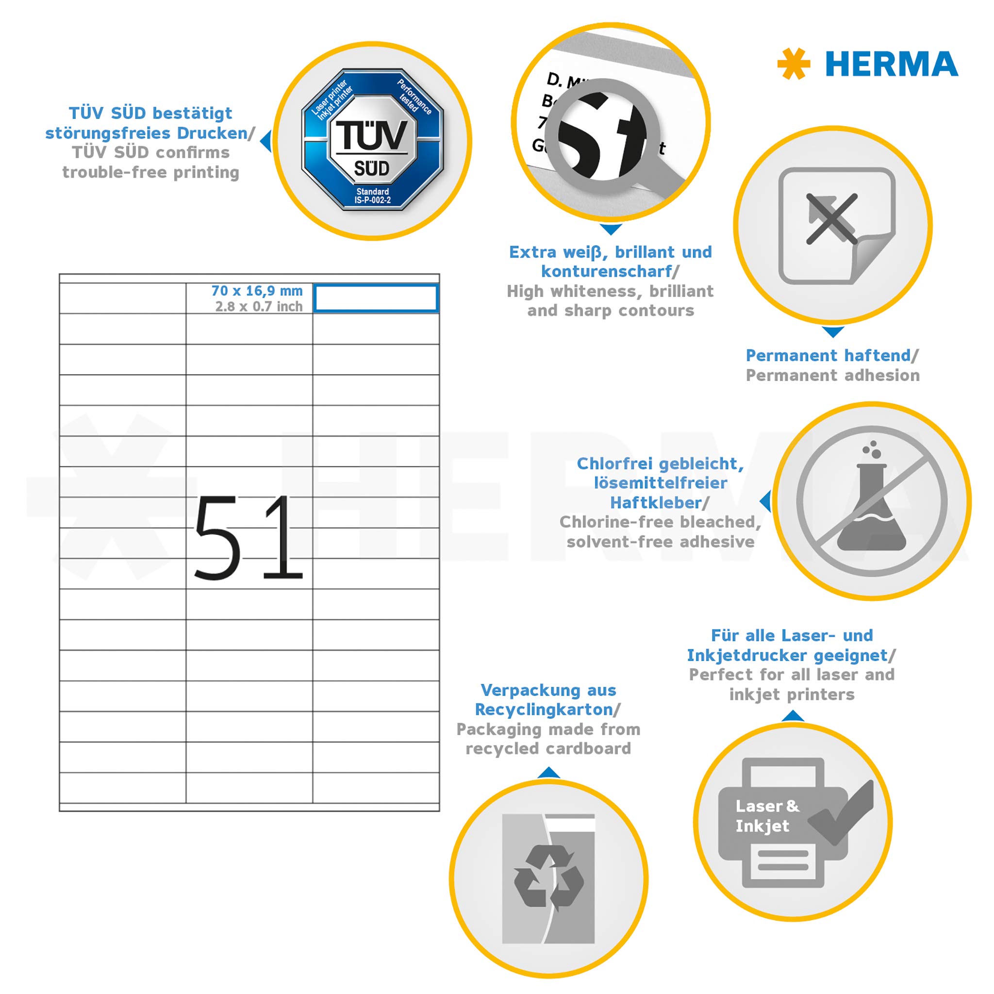 HERMA 4611 Universal Etiketten, 200 Blatt, 70 x 16,9 mm, 51 pro A4 Bogen, 10200 Stück, selbstklebend, bedruckbar, matt, blanko Papier Klebeetiketten Aufkleber, weiß