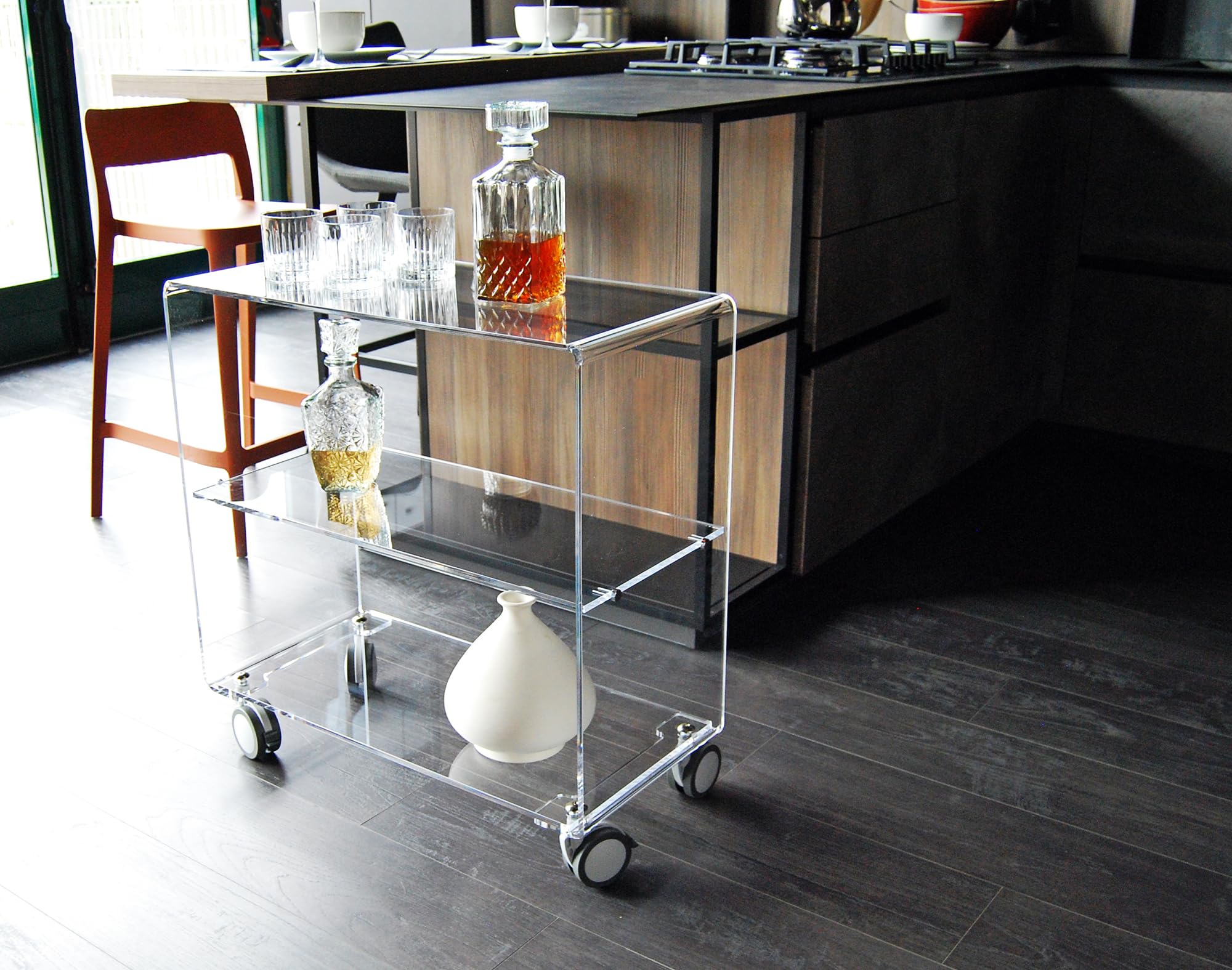 Slato Cleo Maxi - Mobiletto o Carrello con Ruote in Cristallo Acrilico, 70 x 33 x 71 cm, Trasparente da Soggiorno a Tre Ripiani, Leggero, Elegante, Porta Oggetti, Design Moderno Made in Italy