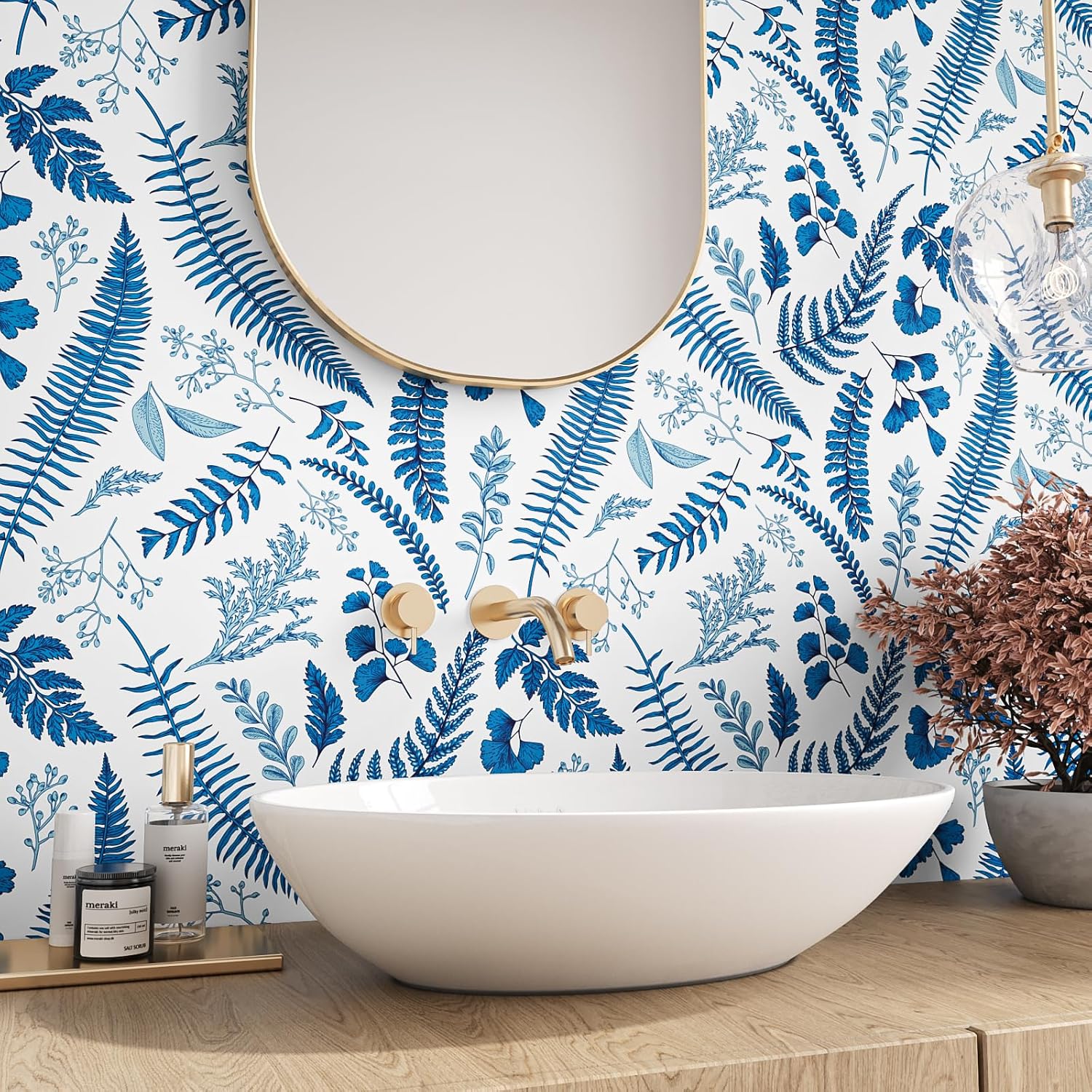 VEELIKE 17.7''x354'' Blue Fern Herb Leaf Wallpaper Peel and Stick Boho Tropical Wallpaper for Bathroom Bedroom Nursery Adhesive Blue Removable Wallpaper Contact Paper for Walls Cabinets Bookshelves
