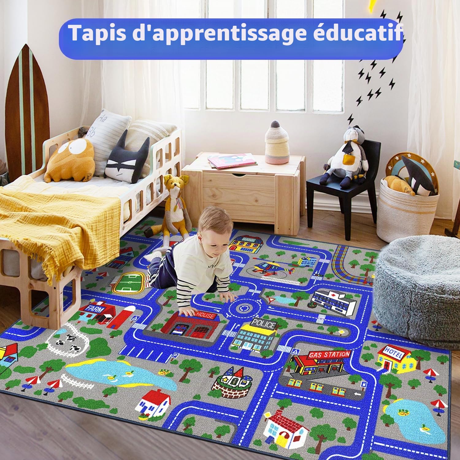 Capslpad Tapis de jeu pour enfants Town City Road Car - 150 x 200 cm - Antidérapant - Lavable en machine - Tapis d'exercice à poils courts - Tapis éducatif pour chambre d'enfant - Décoration de salle